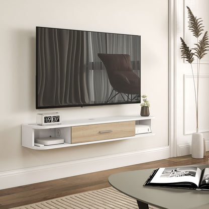 Wall-mounted TV stand TV cabinet for TVs up to 50 inches with 2 open compartments and flip-down door cupboard 120L x 26W x 16H cm White