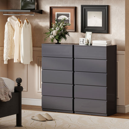 5-Drawer High-Gloss Dresser with Soft-Close Drawers, Handleless Modern Chest for Bedroom, Living Room or Hallway — 20.9 × 13.4 × 39.4 in (Gray)