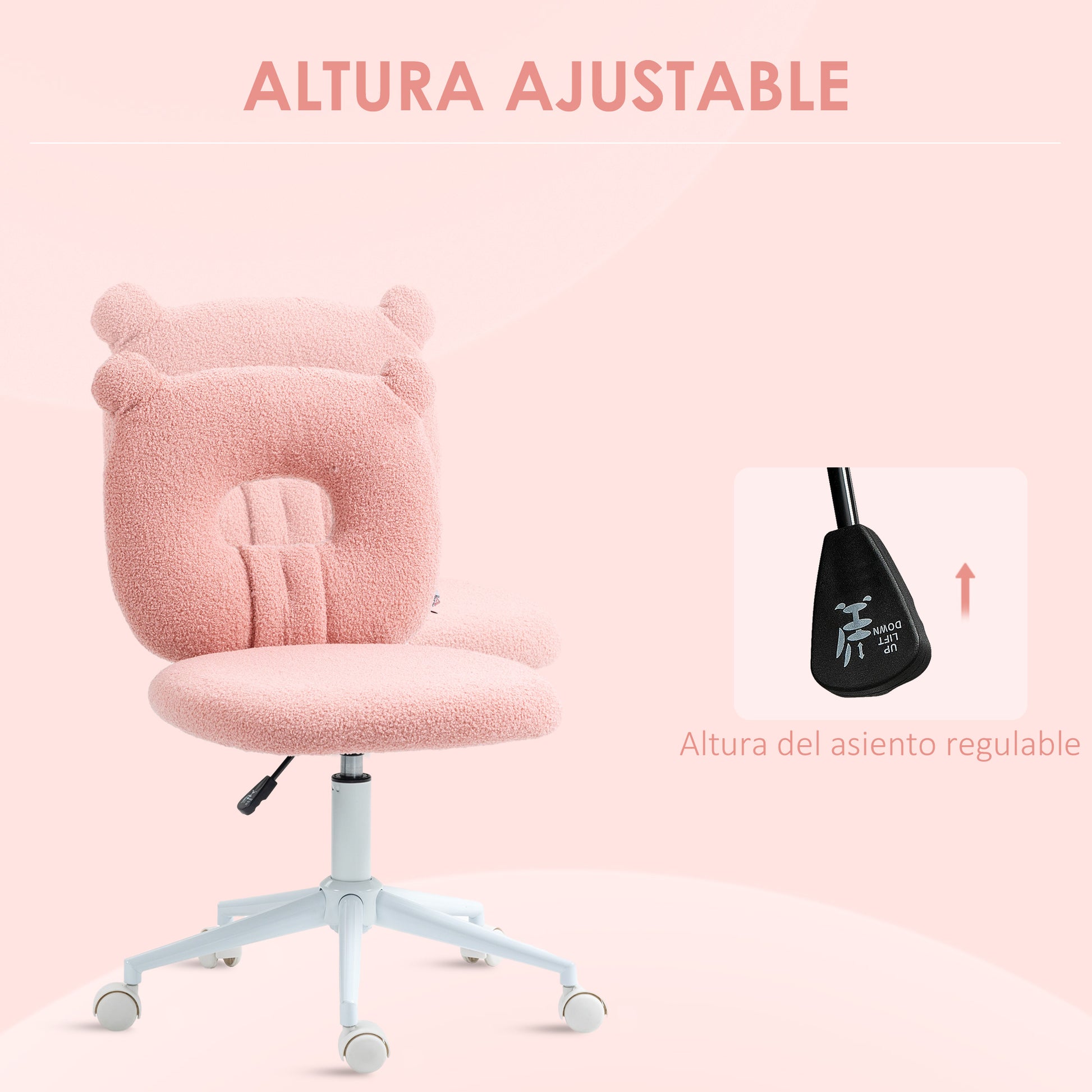 Modern Sheepskin Kids Swivel Desk Chair with Adjustable Height Seat and Bear Shaped Backrest Load 120 kg Pink