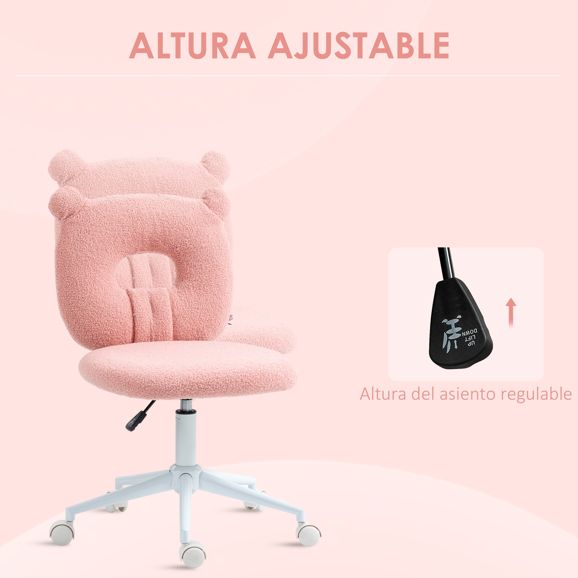 Modern Sheepskin Kids Swivel Desk Chair with Adjustable Height Seat and Bear Shaped Backrest Load 120 kg Pink