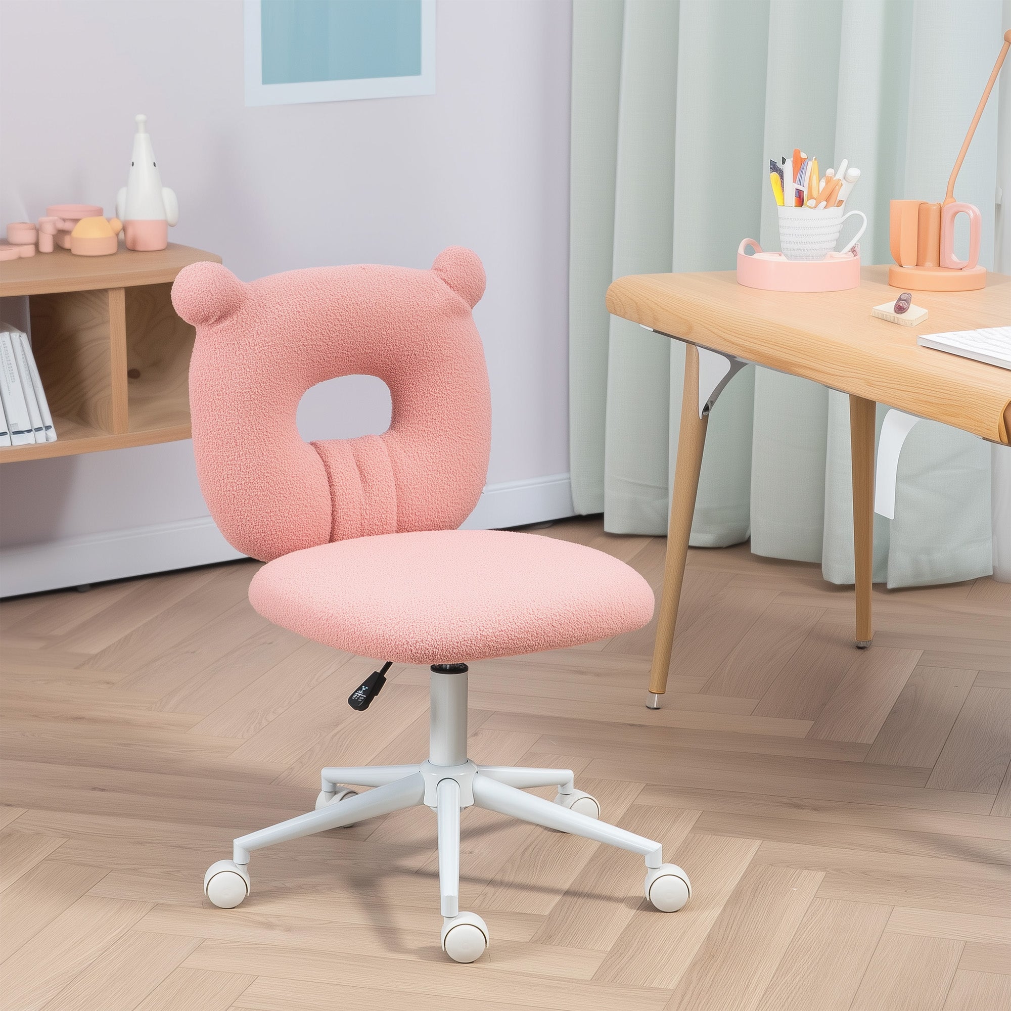 Modern Sheepskin Kids Swivel Desk Chair with Adjustable Height Seat and Bear Shaped Backrest Load 120 kg Pink