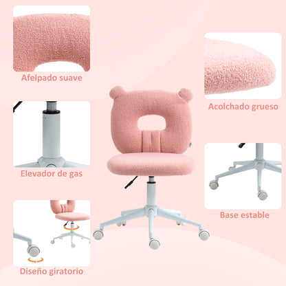 Modern Sheepskin Kids Swivel Desk Chair with Adjustable Height Seat and Bear Shaped Backrest Load 120 kg Pink