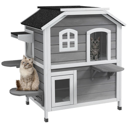 Wooden Cat House 2 Floors Winterproof Waterproof Cat Shelter with Asphalt Roof Foldable Lid Stairs Cat Cave Outdoor Shelter for Outdoor Garden Balcony 78 x 55.5 x 91 cm Grey