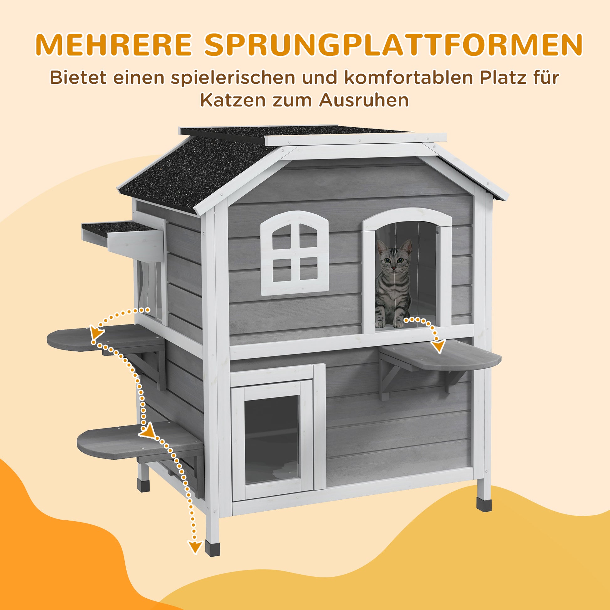 Wooden Cat House 2 Floors Winterproof Waterproof Cat Shelter with Asphalt Roof Foldable Lid Stairs Cat Cave Outdoor Shelter for Outdoor Garden Balcony 78 x 55.5 x 91 cm Grey