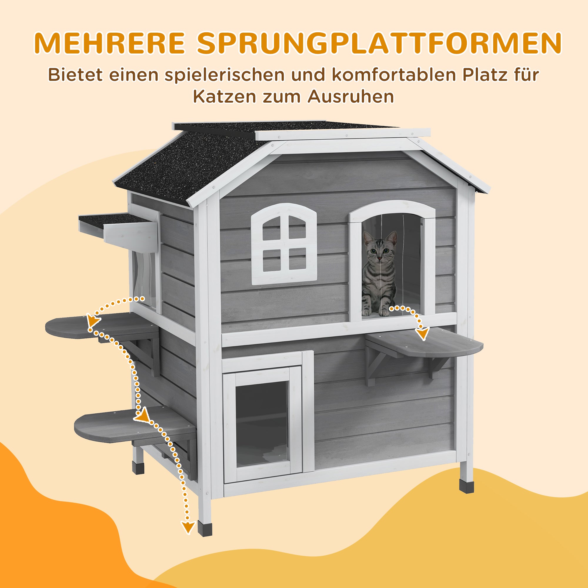 Wooden Cat House 2 Floors Winterproof Waterproof Cat Shelter with Asphalt Roof Foldable Lid Stairs Cat Cave Outdoor Shelter for Outdoor Garden Balcony 78 x 55.5 x 91 cm Grey