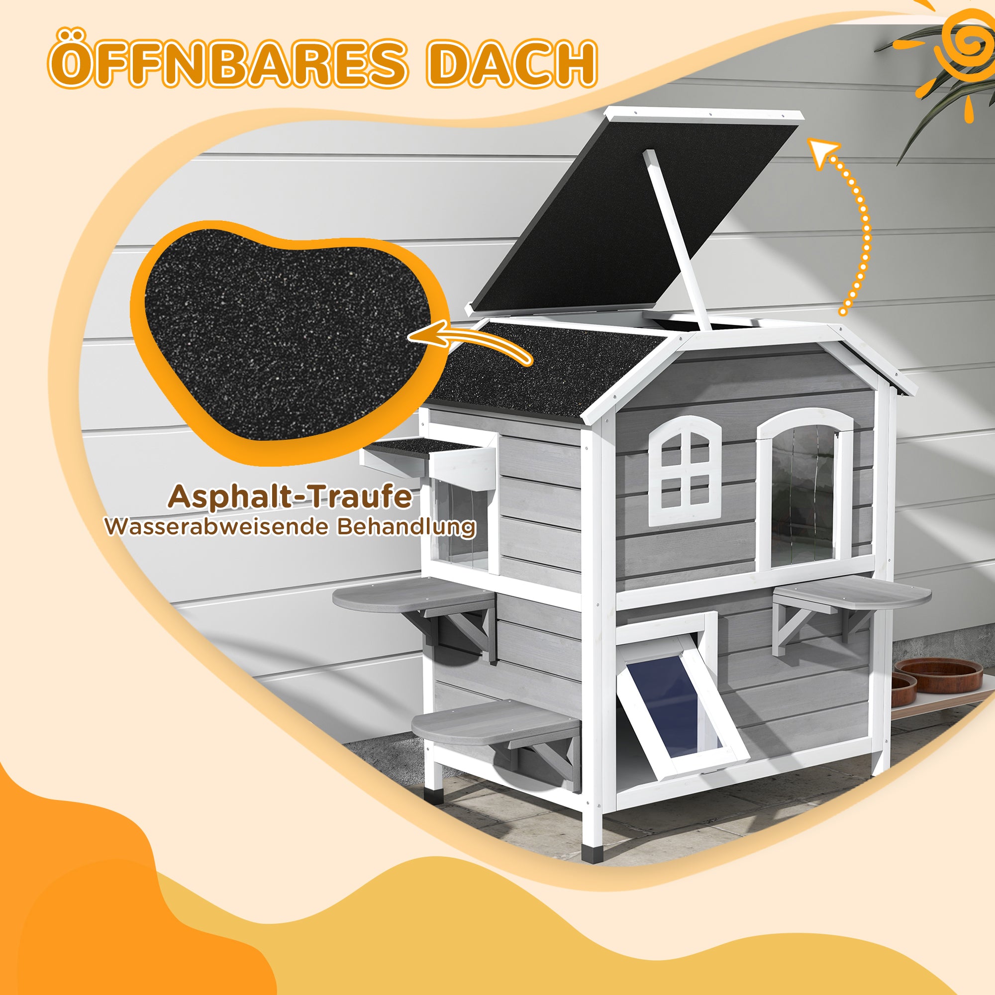 Wooden Cat House 2 Floors Winterproof Waterproof Cat Shelter with Asphalt Roof Foldable Lid Stairs Cat Cave Outdoor Shelter for Outdoor Garden Balcony 78 x 55.5 x 91 cm Grey