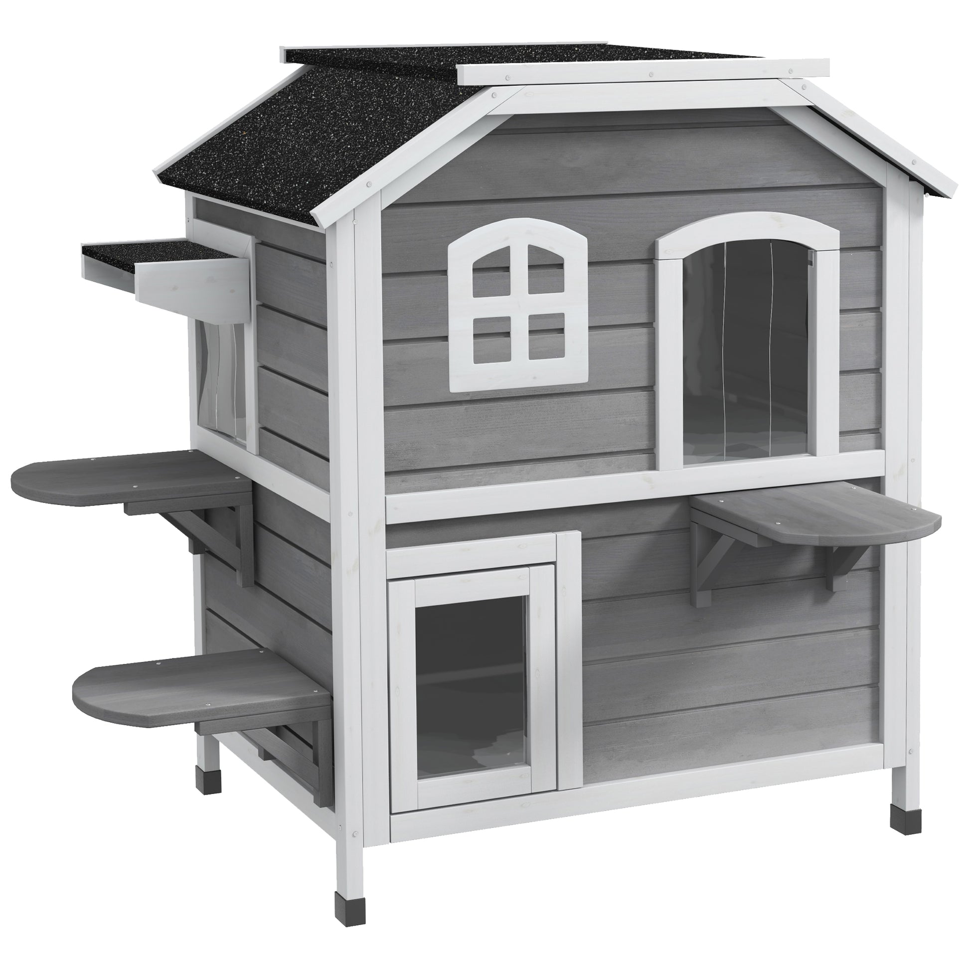 Wooden Cat House 2 Floors Winterproof Waterproof Cat Shelter with Asphalt Roof Foldable Lid Stairs Cat Cave Outdoor Shelter for Outdoor Garden Balcony 78 x 55.5 x 91 cm Grey