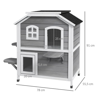 Wooden Cat House 2 Floors Winterproof Waterproof Cat Shelter with Asphalt Roof Foldable Lid Stairs Cat Cave Outdoor Shelter for Outdoor Garden Balcony 78 x 55.5 x 91 cm Grey