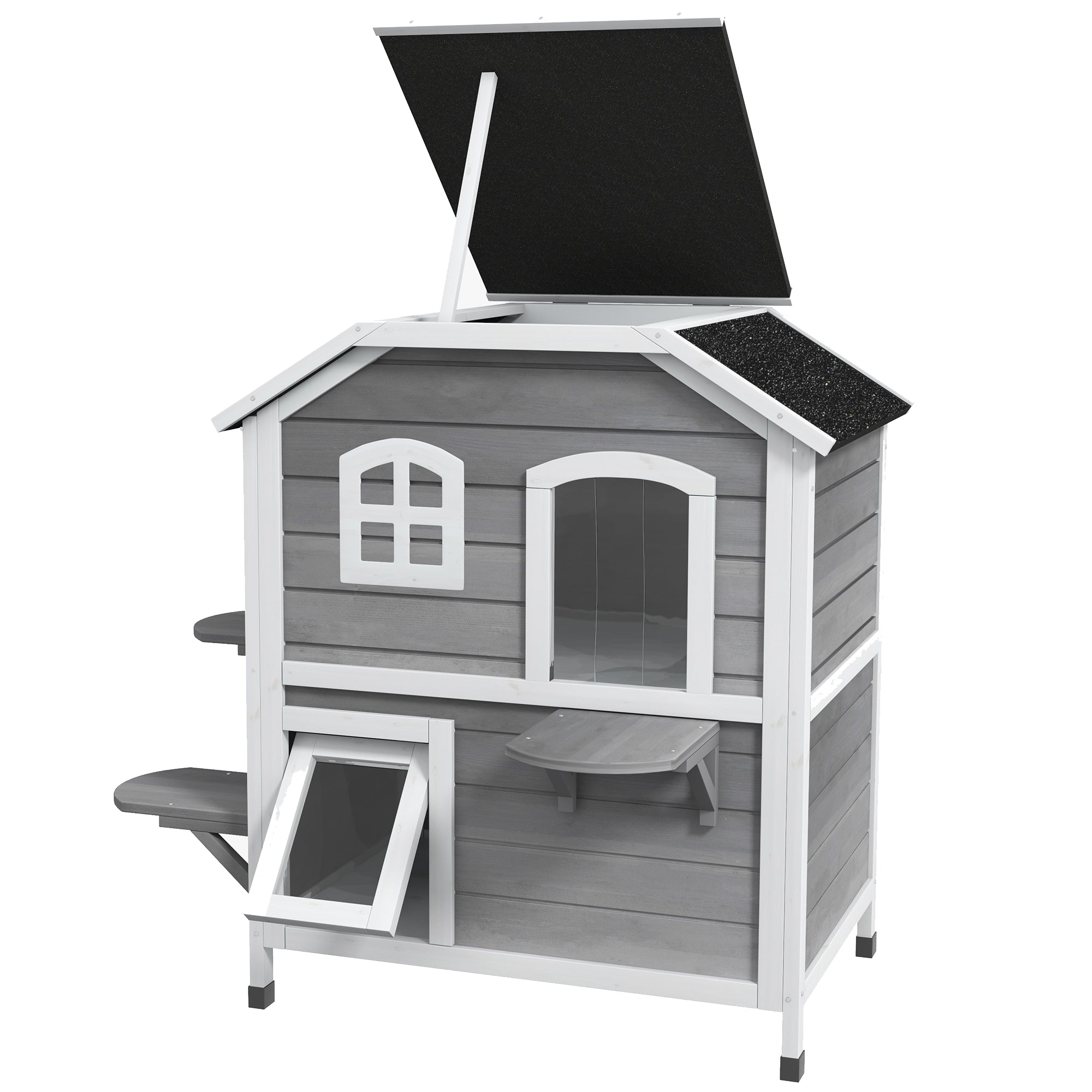 Wooden Cat House 2 Floors Winterproof Waterproof Cat Shelter with Asphalt Roof Foldable Lid Stairs Cat Cave Outdoor Shelter for Outdoor Garden Balcony 78 x 55.5 x 91 cm Grey