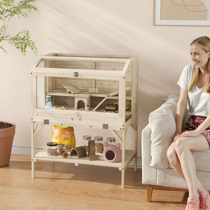 2-Tier Wooden Hamster Cage with Storage Compartment, Top-Opening Lid, Tray, Seesaws, Ramp, Gnaw-Proof Panels, Wheel & Hideout — 84 x 53 x 110 cm (33.1 x 20.9 x 43.3 in), Natural