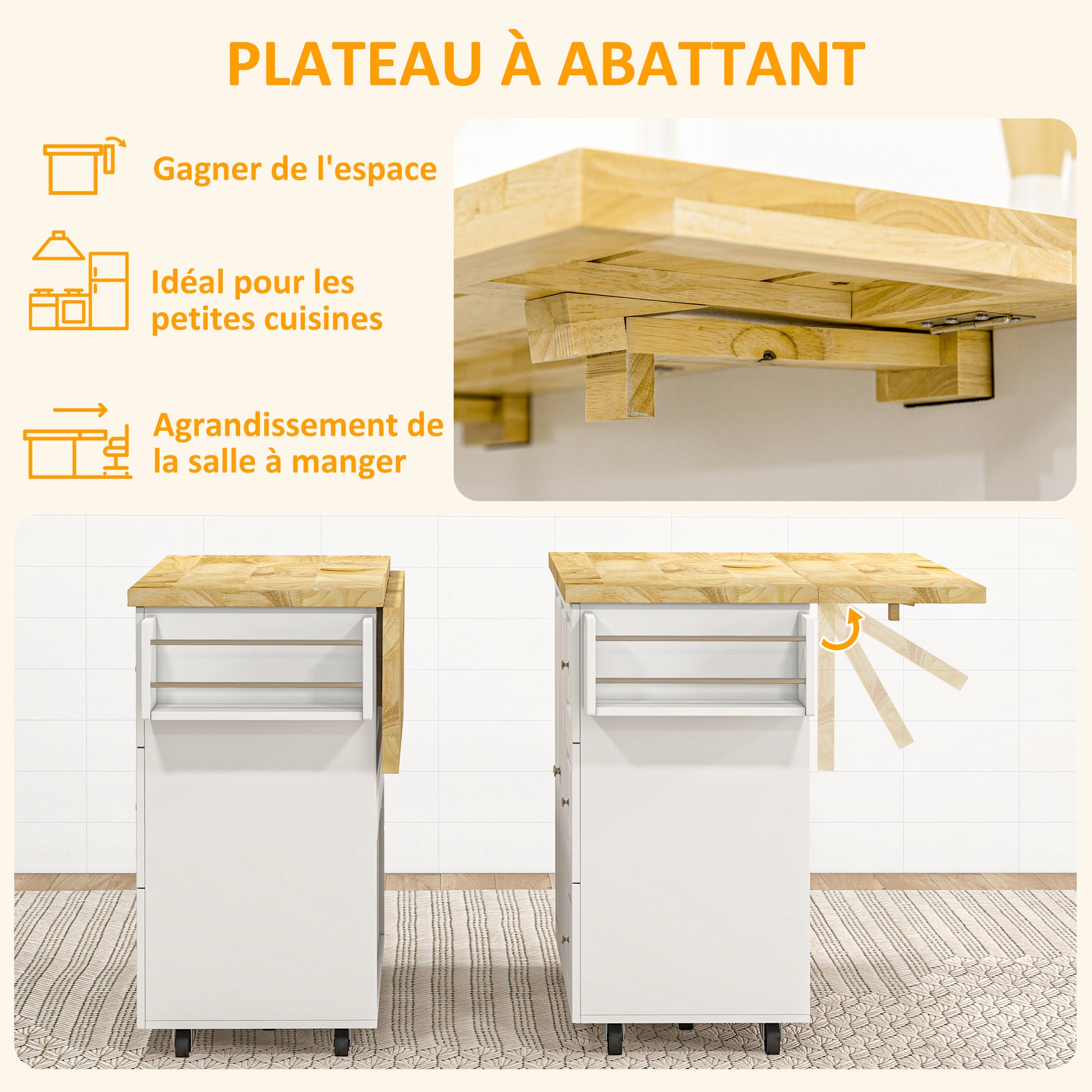 Kitchen Island Trolley with Foldable Multi-Storage Drawers 3 Drawers 1 Cupboard 2 Doors Dishcloth Holder and Spice Rack - White