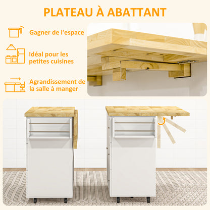 Kitchen Island Trolley with Foldable Multi-Storage Drawers 3 Drawers 1 Cupboard 2 Doors Dishcloth Holder and Spice Rack - White