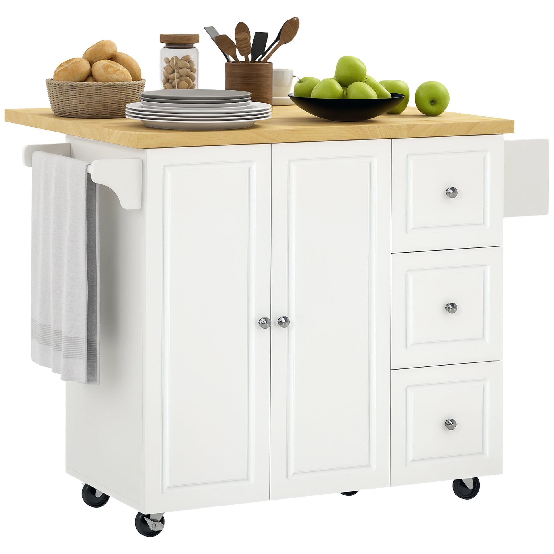 Kitchen Island Trolley with Foldable Multi-Storage Drawers 3 Drawers 1 Cupboard 2 Doors Dishcloth Holder and Spice Rack - White