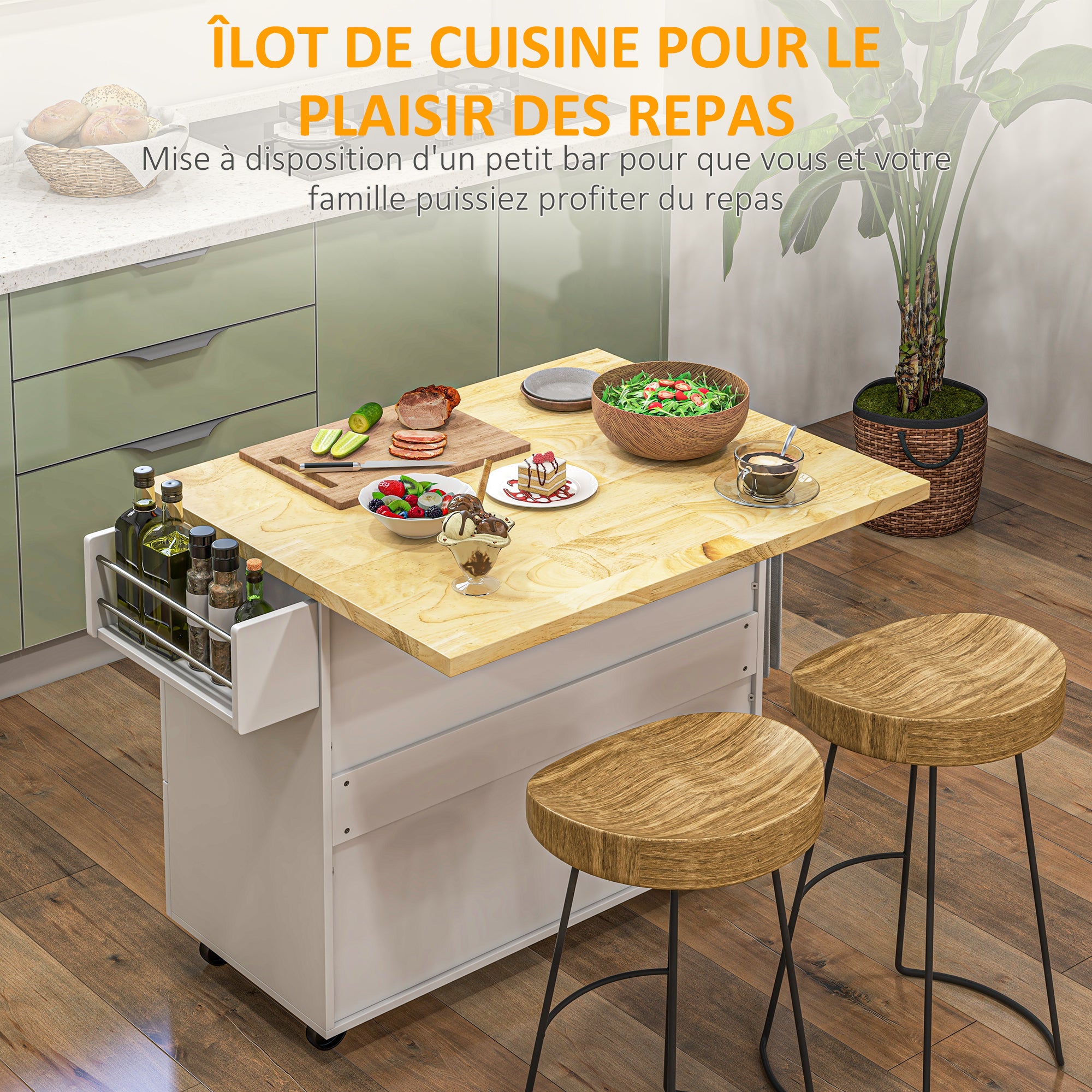 Kitchen Island Trolley with Foldable Multi-Storage Drawers 3 Drawers 1 Cupboard 2 Doors Dishcloth Holder and Spice Rack - White