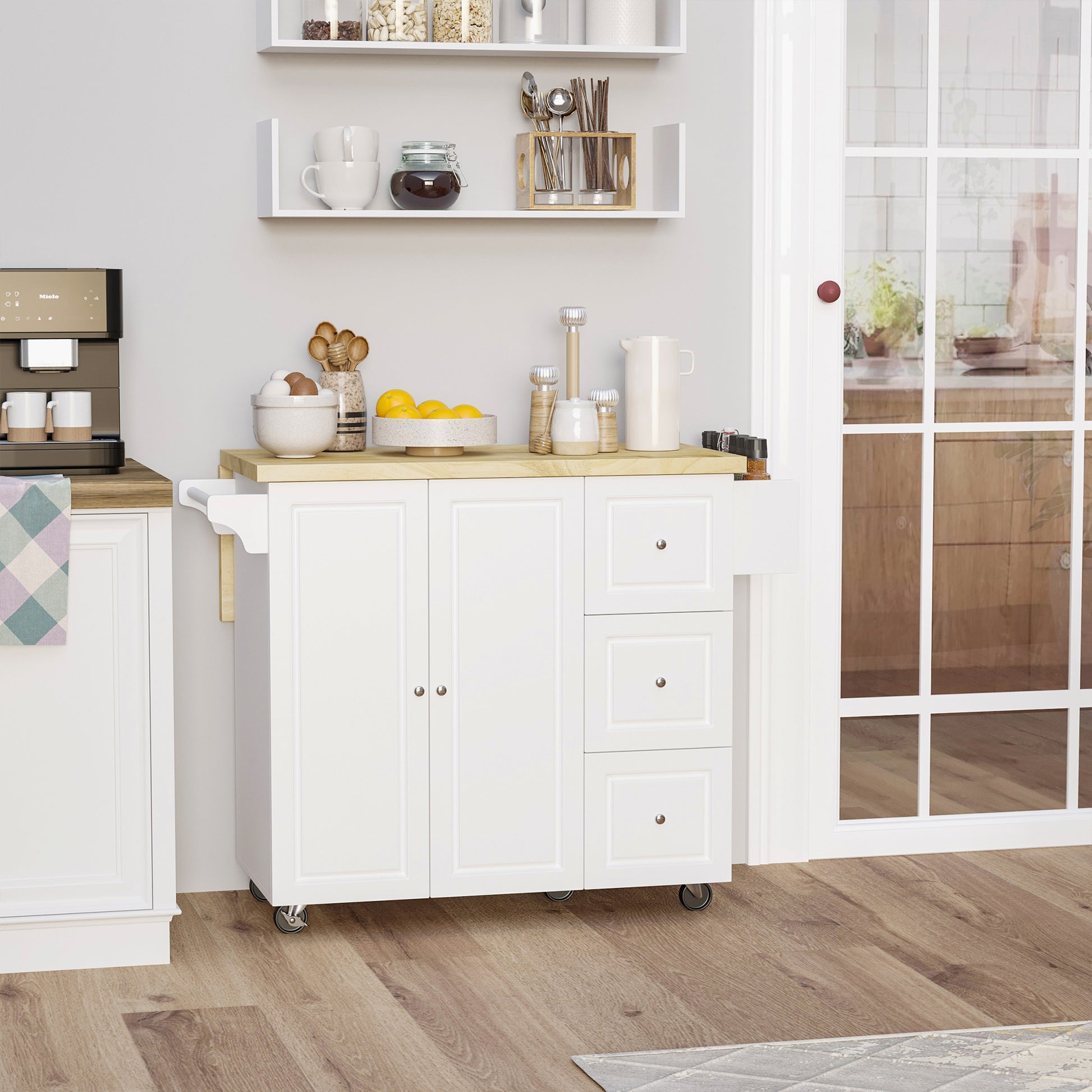 Kitchen Island Trolley with Foldable Multi-Storage Drawers 3 Drawers 1 Cupboard 2 Doors Dishcloth Holder and Spice Rack - White