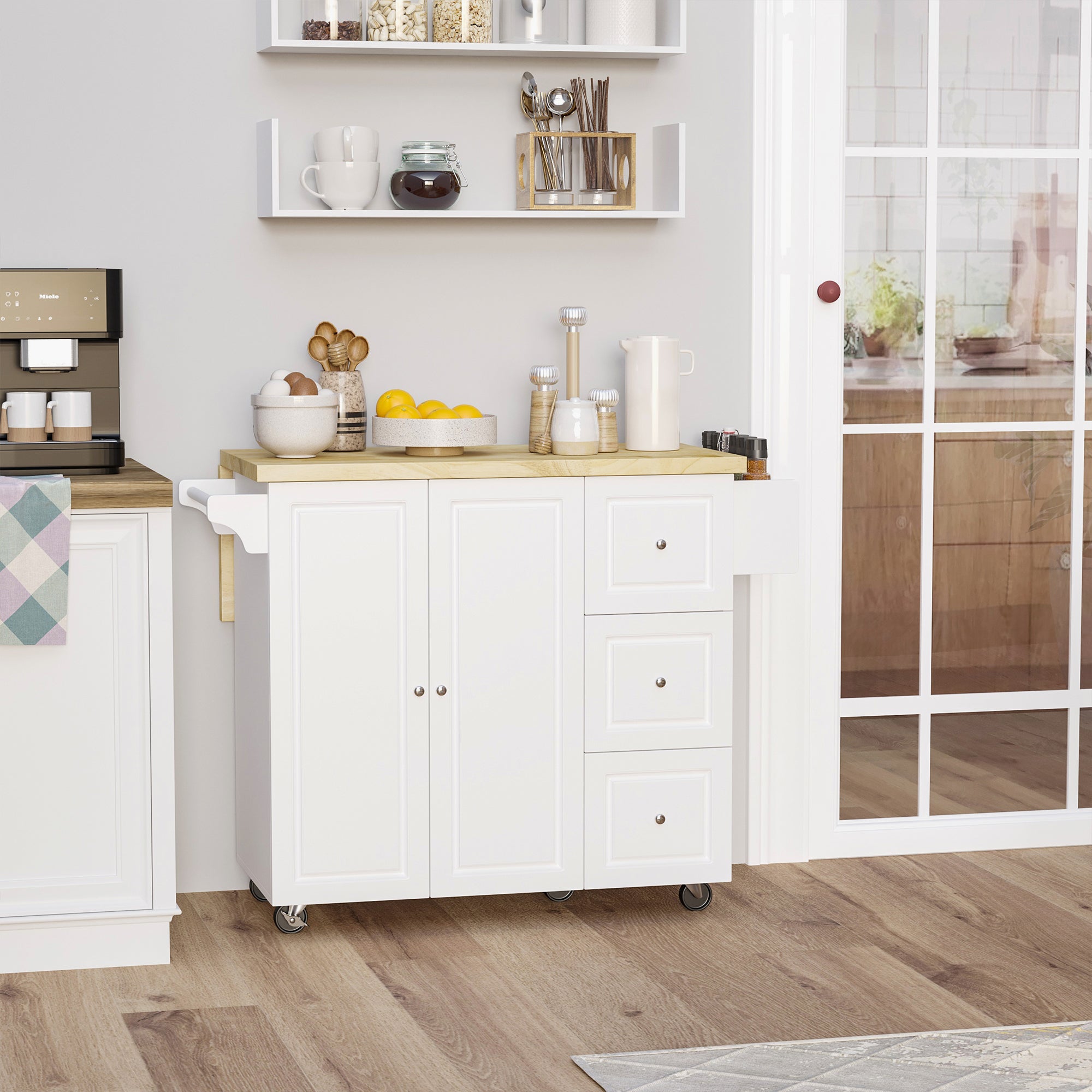 Kitchen Island Trolley with Foldable Multi-Storage Drawers 3 Drawers 1 Cupboard 2 Doors Dishcloth Holder and Spice Rack - White