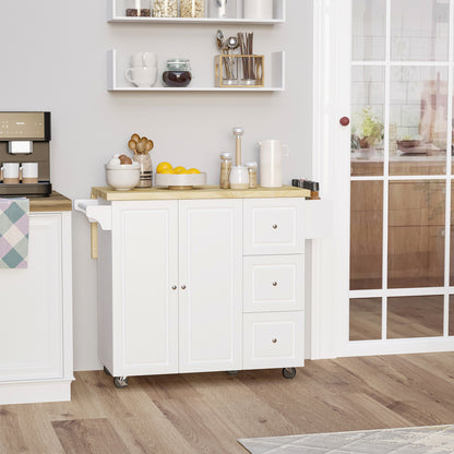 Kitchen Island Trolley with Foldable Multi-Storage Drawers 3 Drawers 1 Cupboard 2 Doors Dishcloth Holder and Spice Rack - White