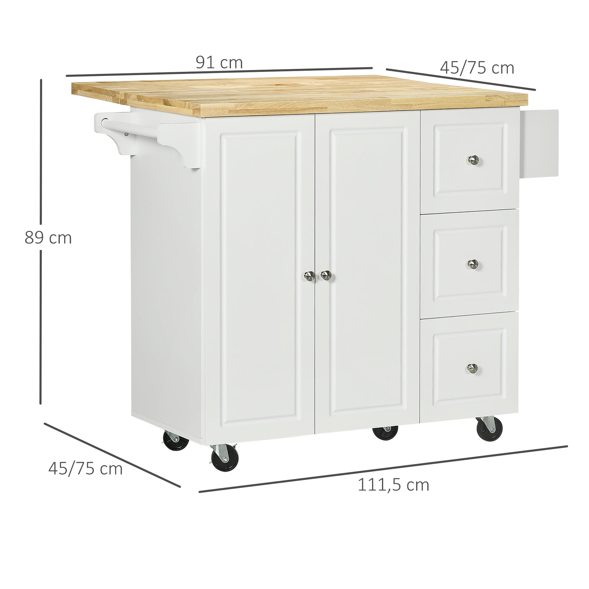 Kitchen Island Trolley with Foldable Multi-Storage Drawers 3 Drawers 1 Cupboard 2 Doors Dishcloth Holder and Spice Rack - White