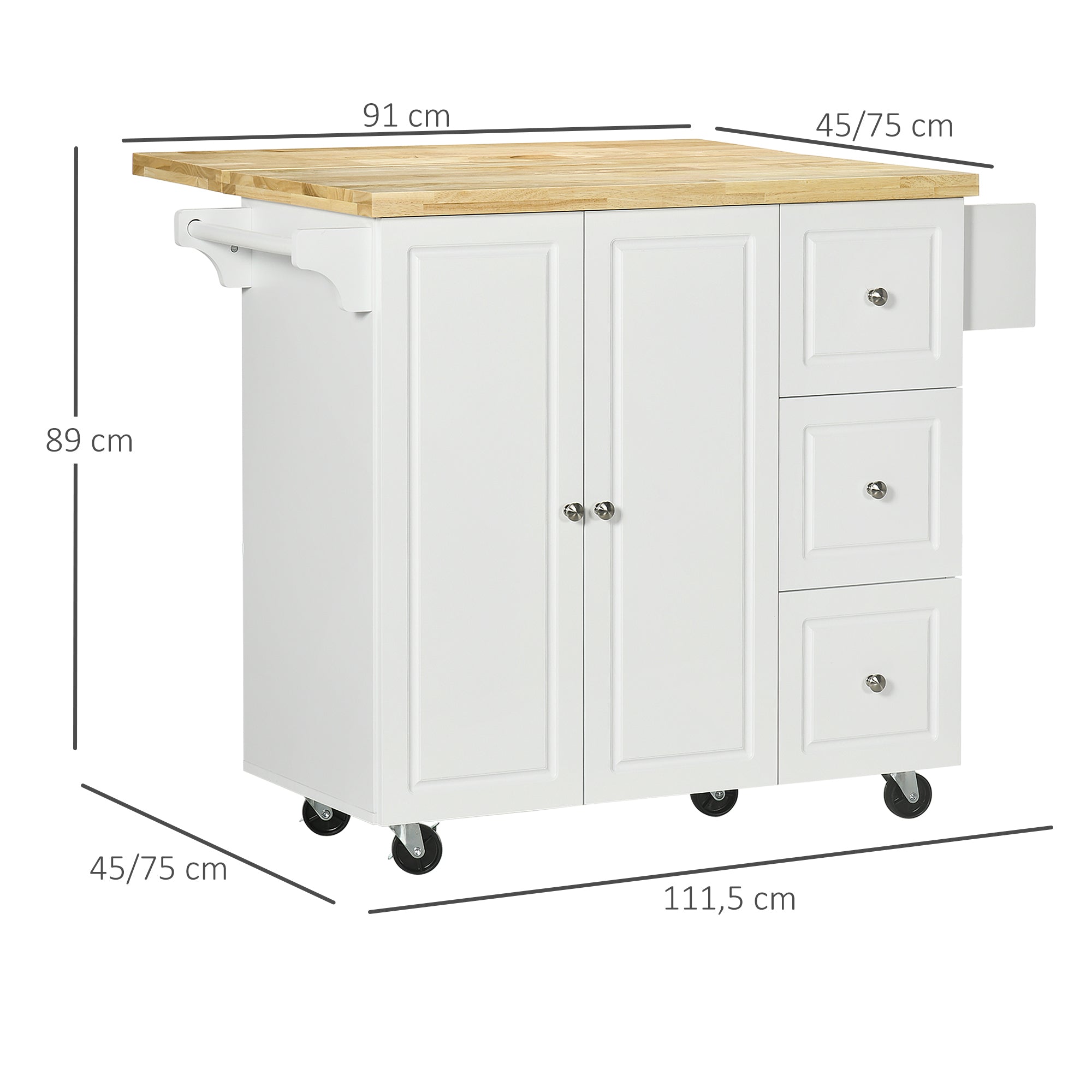Kitchen Island Trolley with Foldable Multi-Storage Drawers 3 Drawers 1 Cupboard 2 Doors Dishcloth Holder and Spice Rack - White