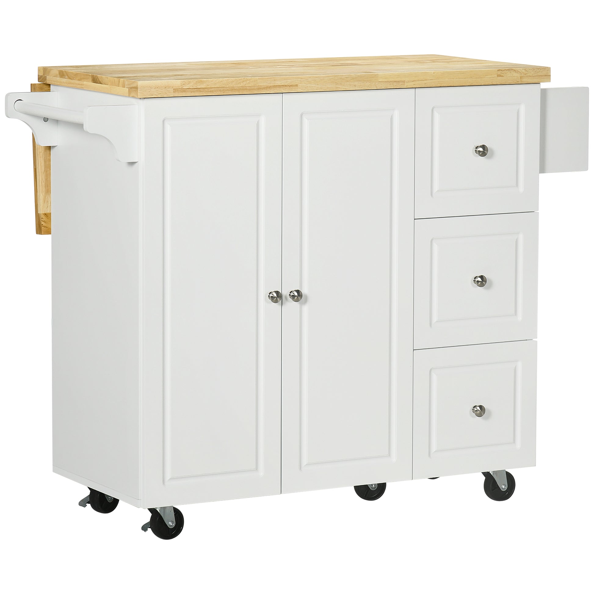 Kitchen Island Trolley with Foldable Multi-Storage Drawers 3 Drawers 1 Cupboard 2 Doors Dishcloth Holder and Spice Rack - White