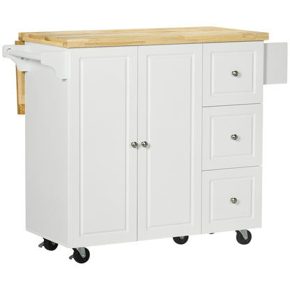 Kitchen Island Trolley with Foldable Multi-Storage Drawers 3 Drawers 1 Cupboard 2 Doors Dishcloth Holder and Spice Rack - White