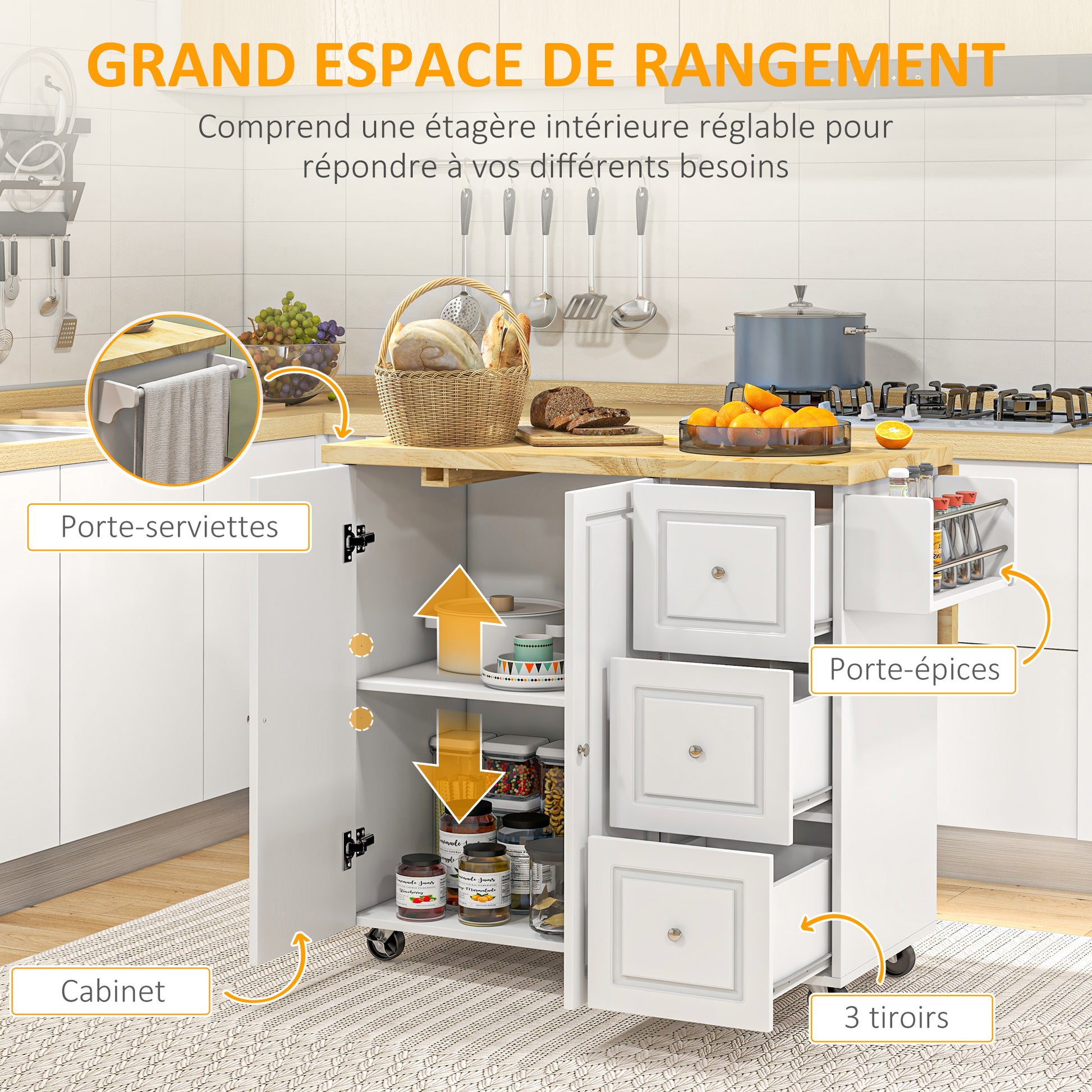 Kitchen Island Trolley with Foldable Multi-Storage Drawers 3 Drawers 1 Cupboard 2 Doors Dishcloth Holder and Spice Rack - White