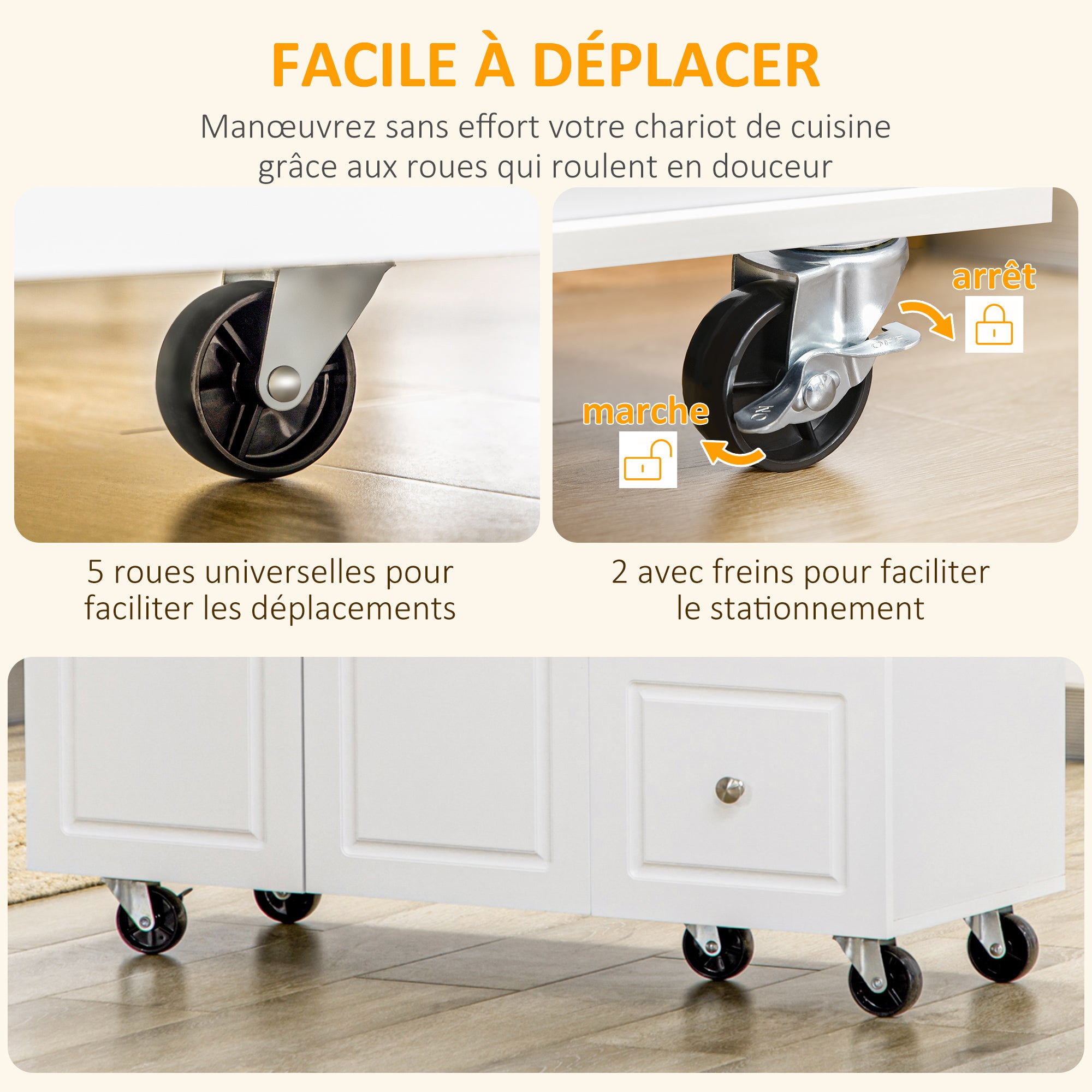 Kitchen Island Trolley with Foldable Multi-Storage Drawers 3 Drawers 1 Cupboard 2 Doors Dishcloth Holder and Spice Rack - White