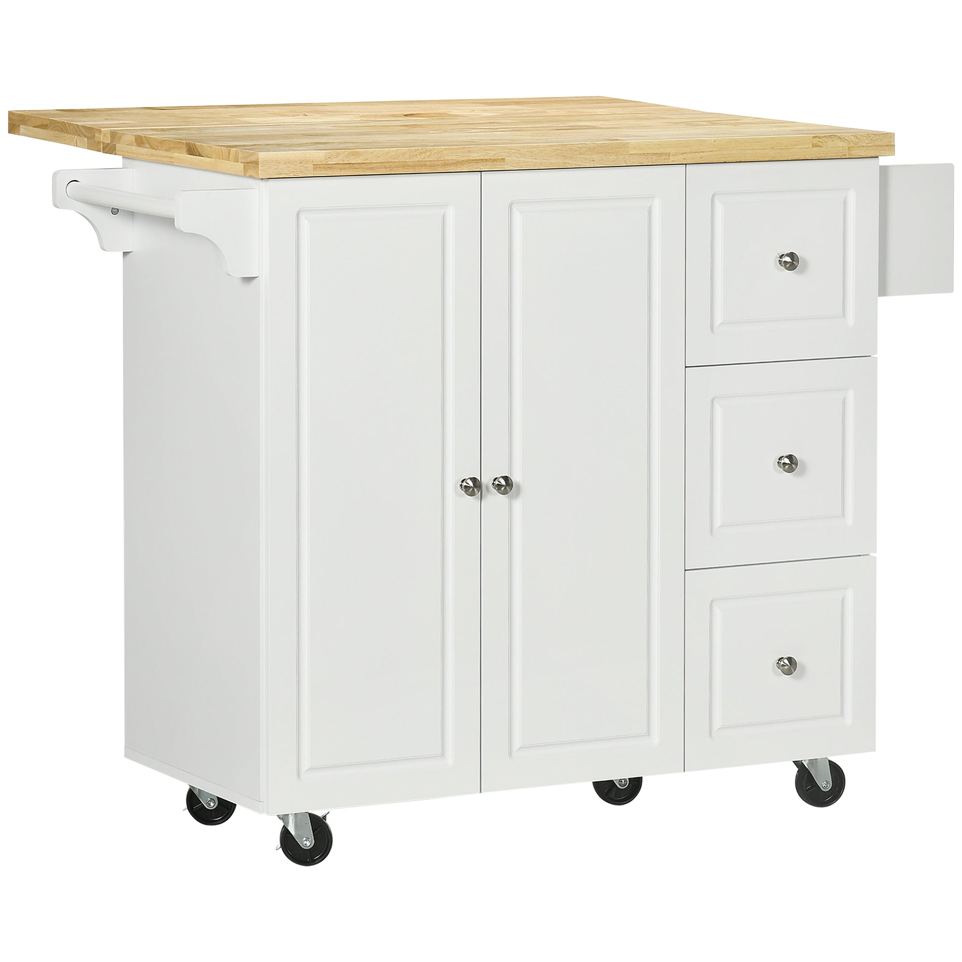 Kitchen Island Trolley with Foldable Multi-Storage Drawers 3 Drawers 1 Cupboard 2 Doors Dishcloth Holder and Spice Rack - White