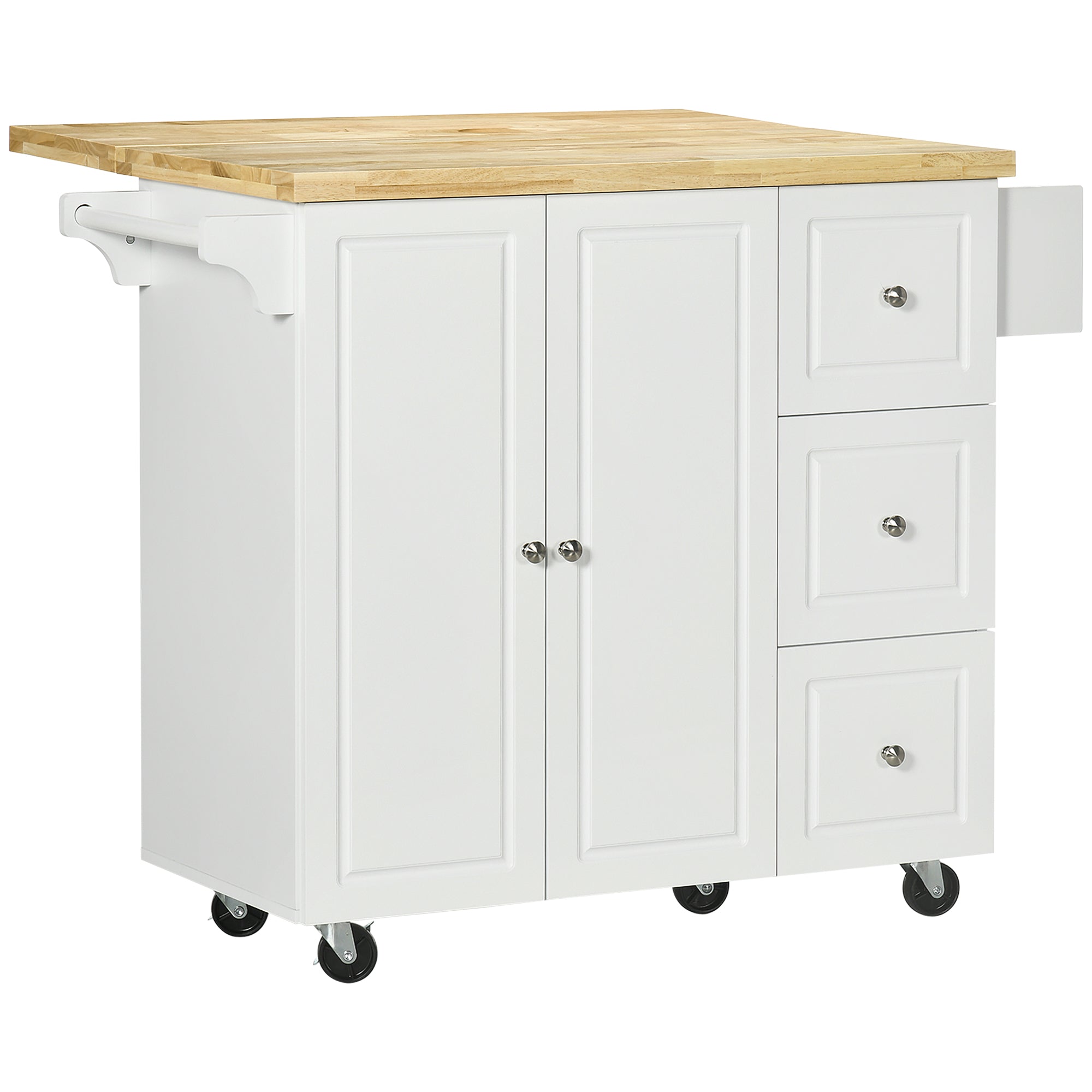 Kitchen Island Trolley with Foldable Multi-Storage Drawers 3 Drawers 1 Cupboard 2 Doors Dishcloth Holder and Spice Rack - White