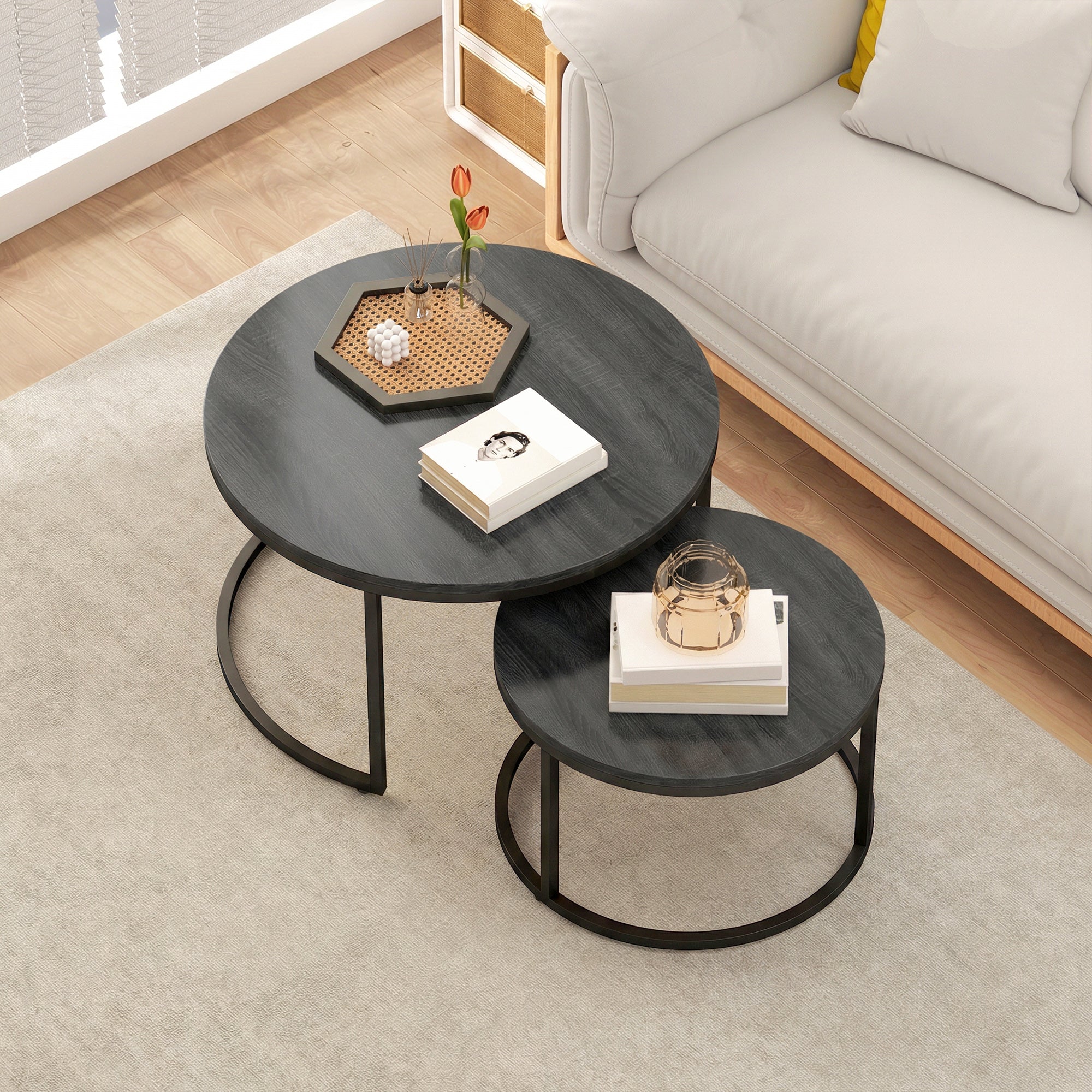 2-Piece Round Nesting Coffee Table Set with Metal Frame, Wood-Effect Tops, Black — 31.0 x 31.0 x 18.3 in