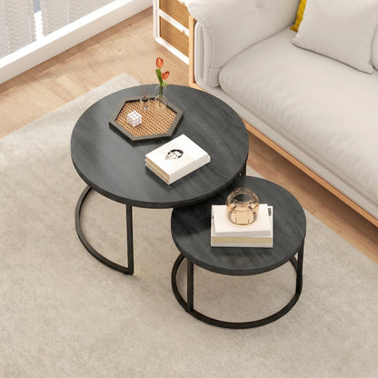 2-Piece Round Nesting Coffee Table Set with Metal Frame, Wood-Effect Tops, Black — 31.0 x 31.0 x 18.3 in