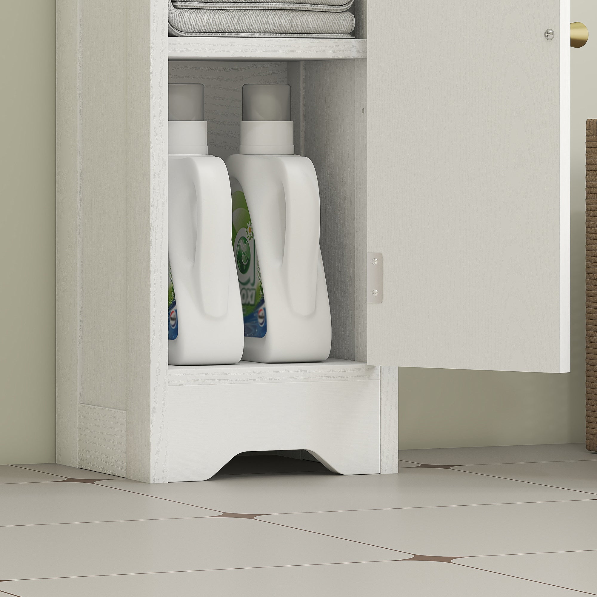 Narrow Bathroom Cabinet Bathroom Auxiliary Furniture 21x20x79 cm with Adjustable Shelf Removable Toilet Roll Holder and Arched Panel Door for Small Spaces White