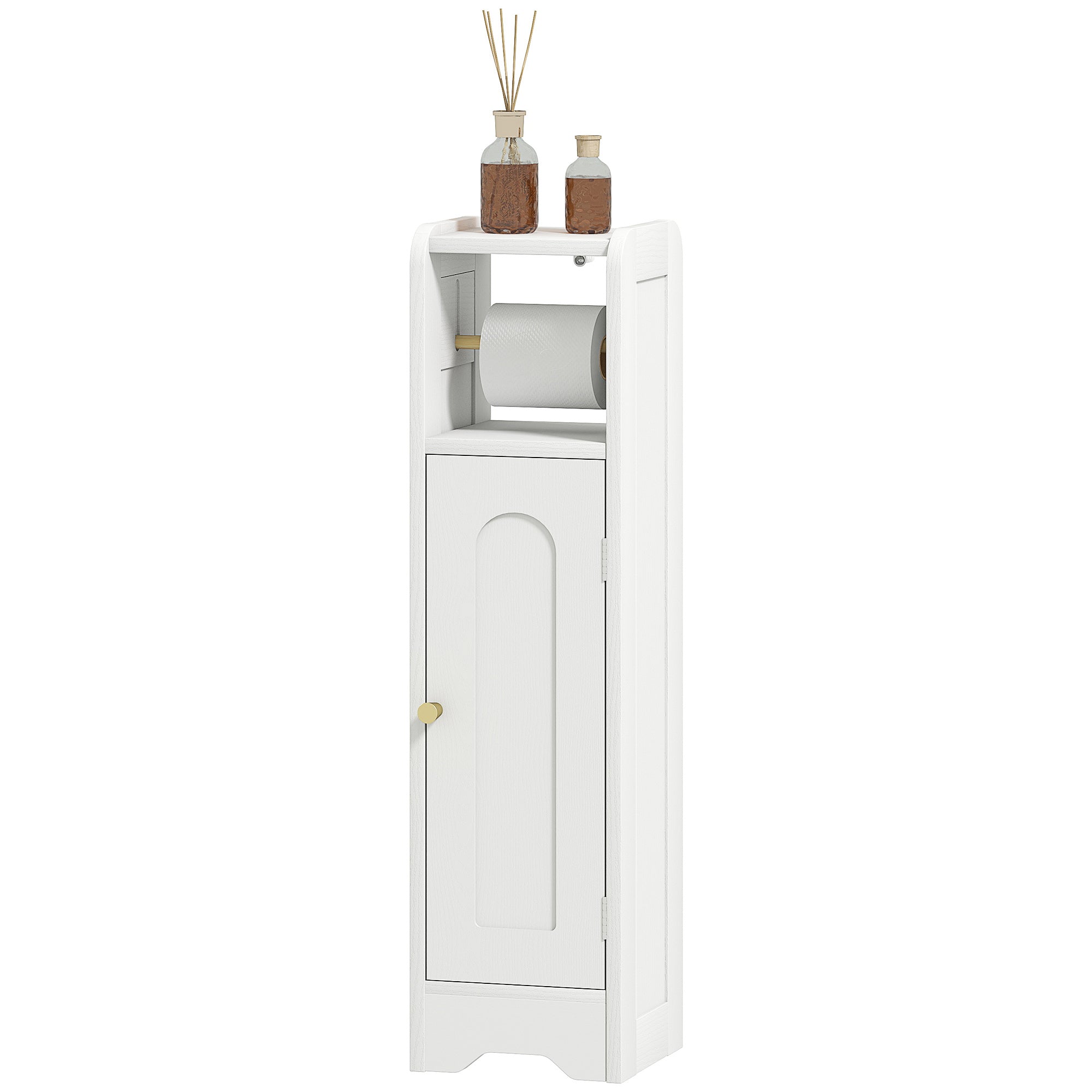 Narrow Bathroom Cabinet Bathroom Auxiliary Furniture 21x20x79 cm with Adjustable Shelf Removable Toilet Roll Holder and Arched Panel Door for Small Spaces White