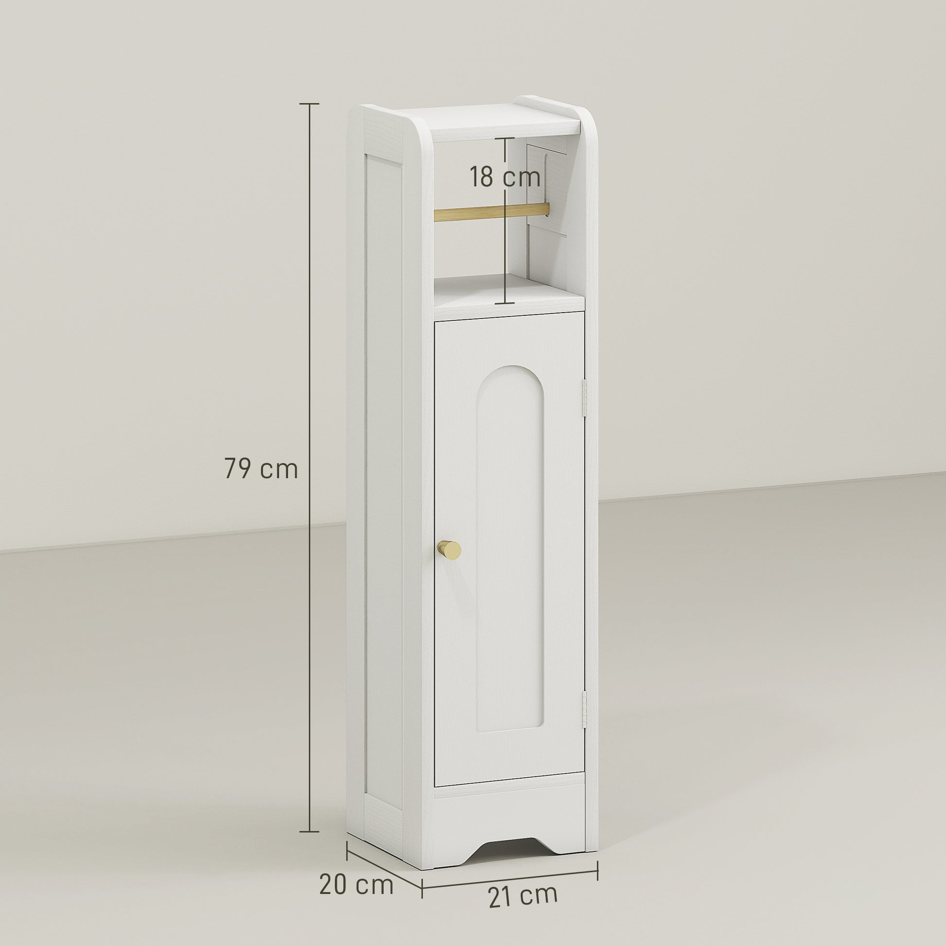 Narrow Bathroom Cabinet Bathroom Auxiliary Furniture 21x20x79 cm with Adjustable Shelf Removable Toilet Roll Holder and Arched Panel Door for Small Spaces White