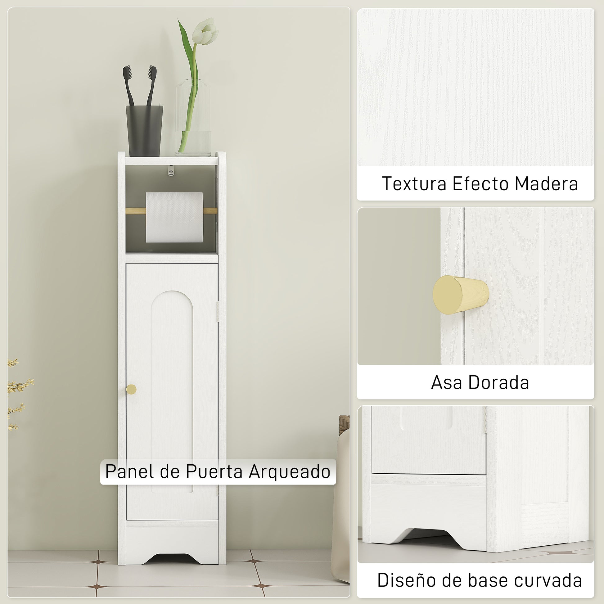 Narrow Bathroom Cabinet Bathroom Auxiliary Furniture 21x20x79 cm with Adjustable Shelf Removable Toilet Roll Holder and Arched Panel Door for Small Spaces White