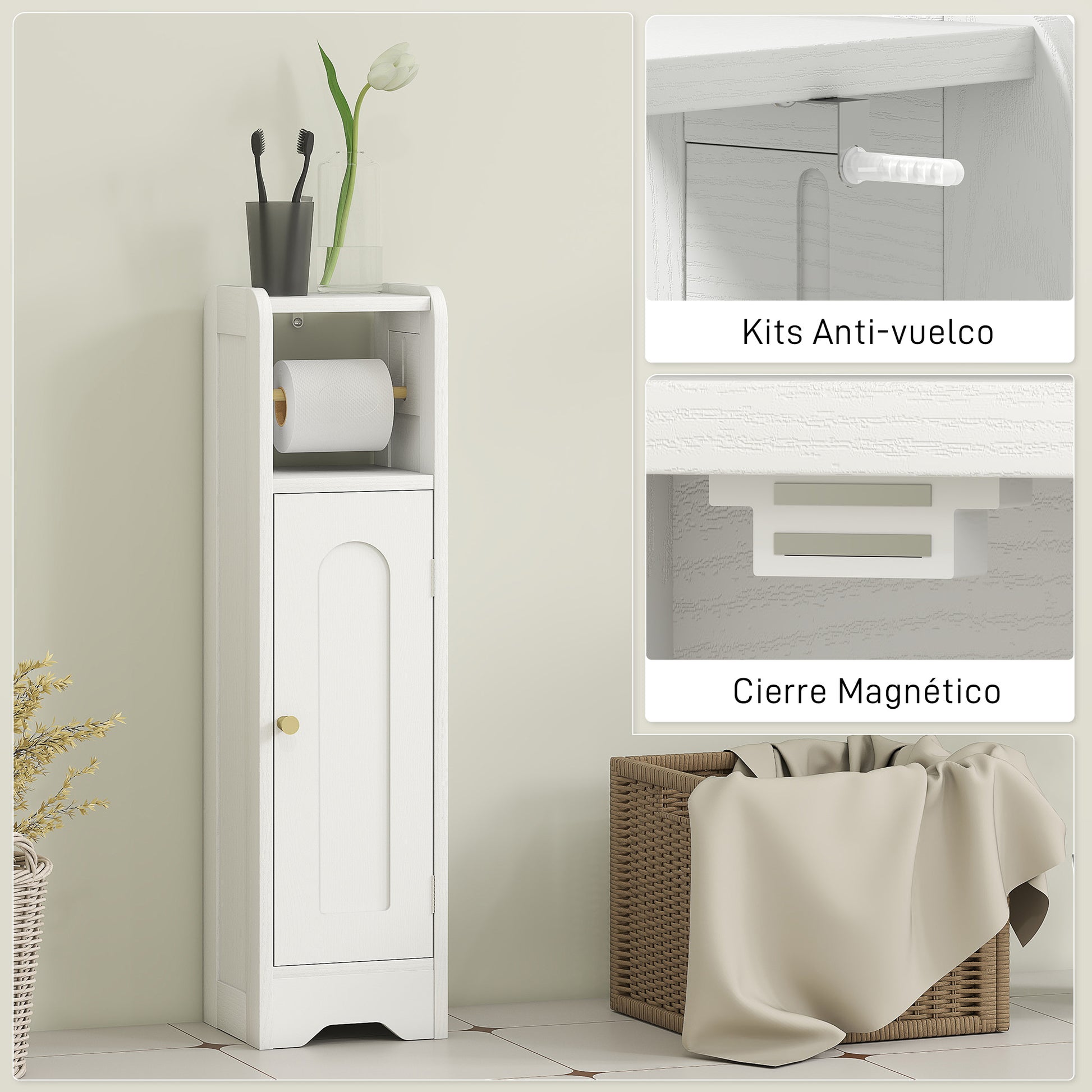 Narrow Bathroom Cabinet Bathroom Auxiliary Furniture 21x20x79 cm with Adjustable Shelf Removable Toilet Roll Holder and Arched Panel Door for Small Spaces White