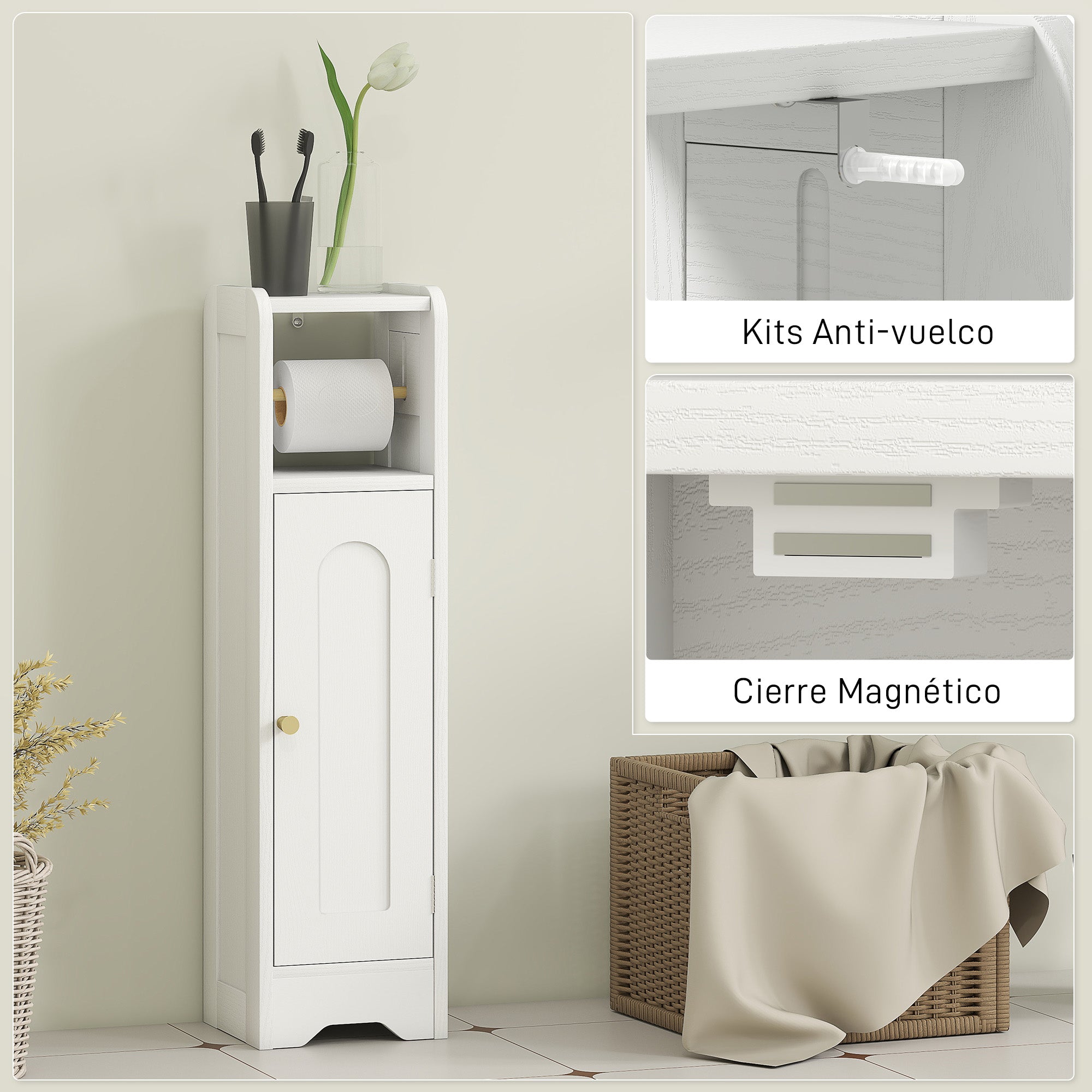 Narrow Bathroom Cabinet Bathroom Auxiliary Furniture 21x20x79 cm with Adjustable Shelf Removable Toilet Roll Holder and Arched Panel Door for Small Spaces White