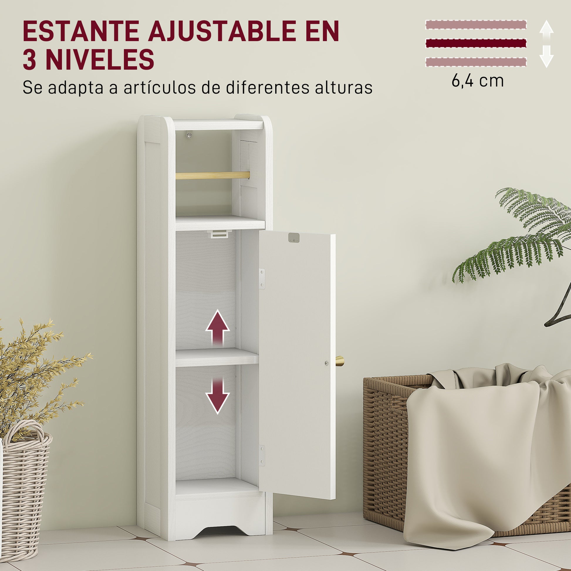 Narrow Bathroom Cabinet Bathroom Auxiliary Furniture 21x20x79 cm with Adjustable Shelf Removable Toilet Roll Holder and Arched Panel Door for Small Spaces White