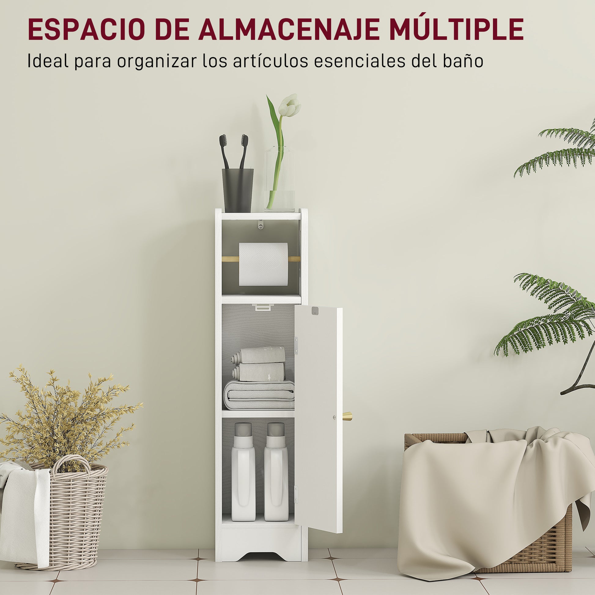 Narrow Bathroom Cabinet Bathroom Auxiliary Furniture 21x20x79 cm with Adjustable Shelf Removable Toilet Roll Holder and Arched Panel Door for Small Spaces White