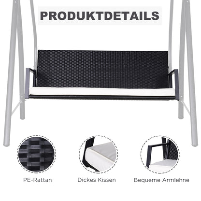 Hollywood Swing 3-Seater made of Polyrattan Garden Swing with Adjustable Sunroof Sun Protection Seat Cushion Hanging Bench up to 360 kg load-bearing Swing for Garden 198x124x179cm Black