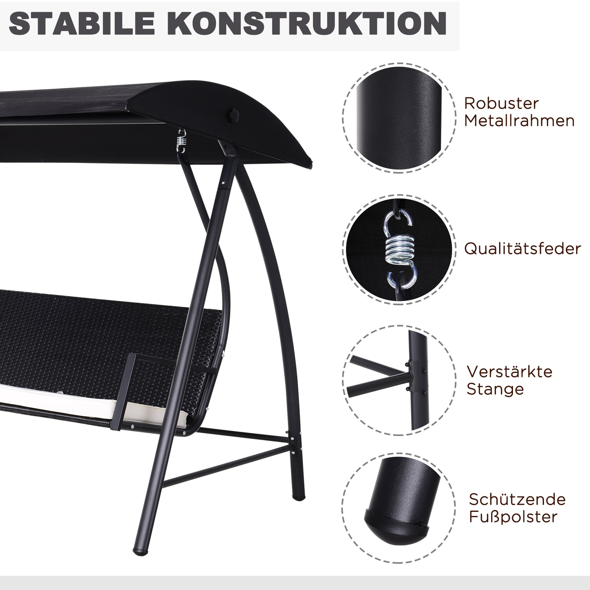 Hollywood Swing 3-Seater made of Polyrattan Garden Swing with Adjustable Sunroof Sun Protection Seat Cushion Hanging Bench up to 360 kg load-bearing Swing for Garden 198x124x179cm Black