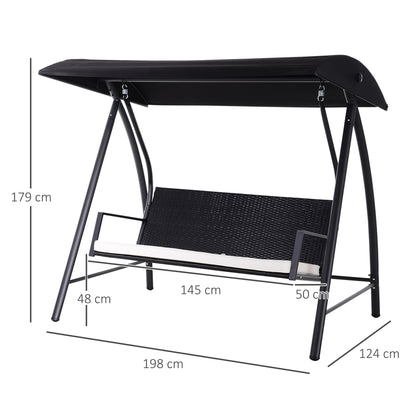 Hollywood Swing 3-Seater made of Polyrattan Garden Swing with Adjustable Sunroof Sun Protection Seat Cushion Hanging Bench up to 360 kg load-bearing Swing for Garden 198x124x179cm Black