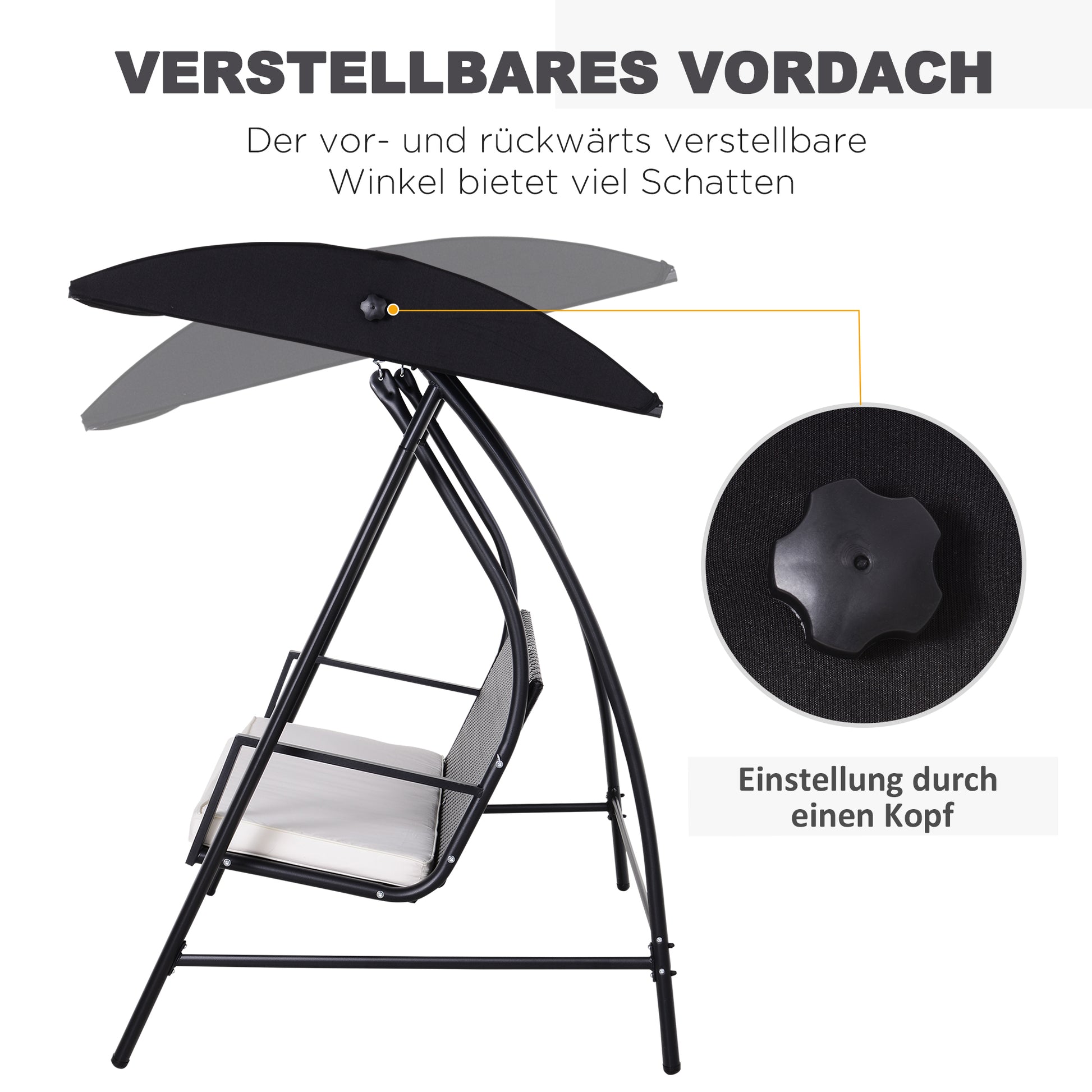 Hollywood Swing 3-Seater made of Polyrattan Garden Swing with Adjustable Sunroof Sun Protection Seat Cushion Hanging Bench up to 360 kg load-bearing Swing for Garden 198x124x179cm Black