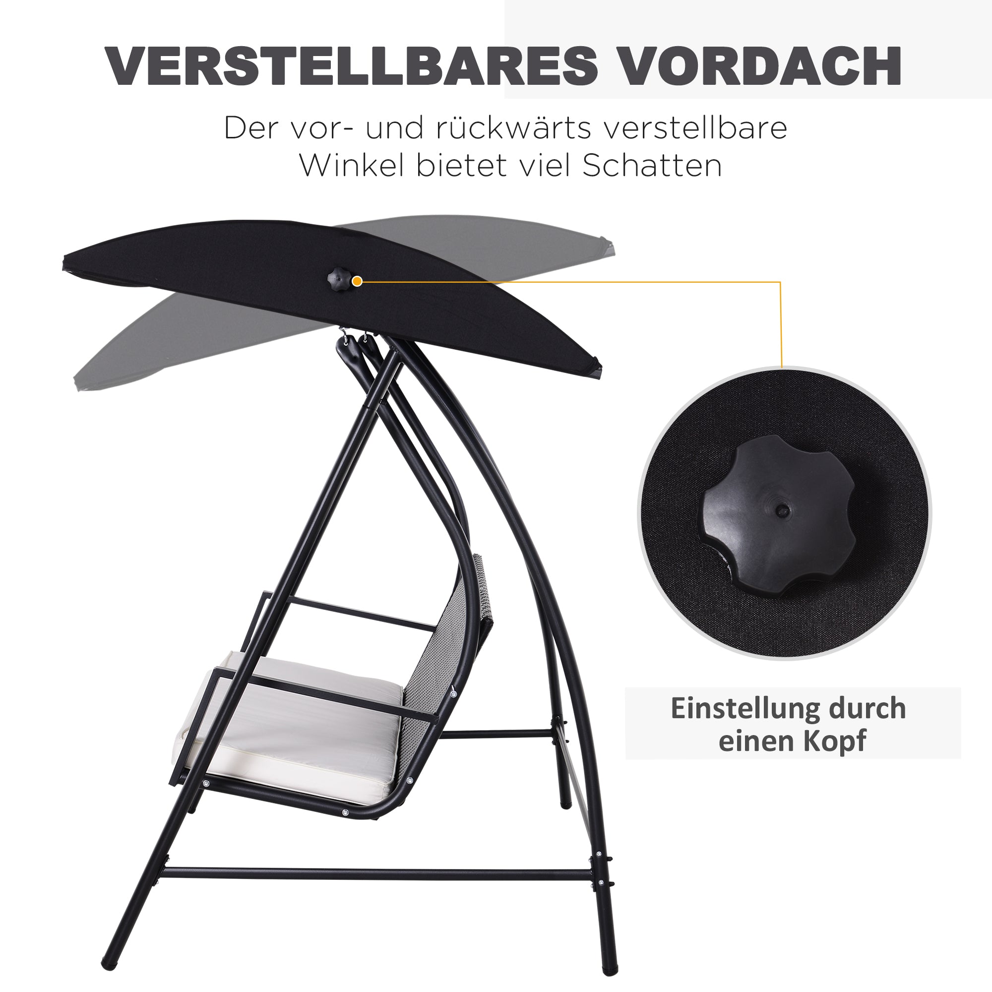 Hollywood Swing 3-Seater made of Polyrattan Garden Swing with Adjustable Sunroof Sun Protection Seat Cushion Hanging Bench up to 360 kg load-bearing Swing for Garden 198x124x179cm Black