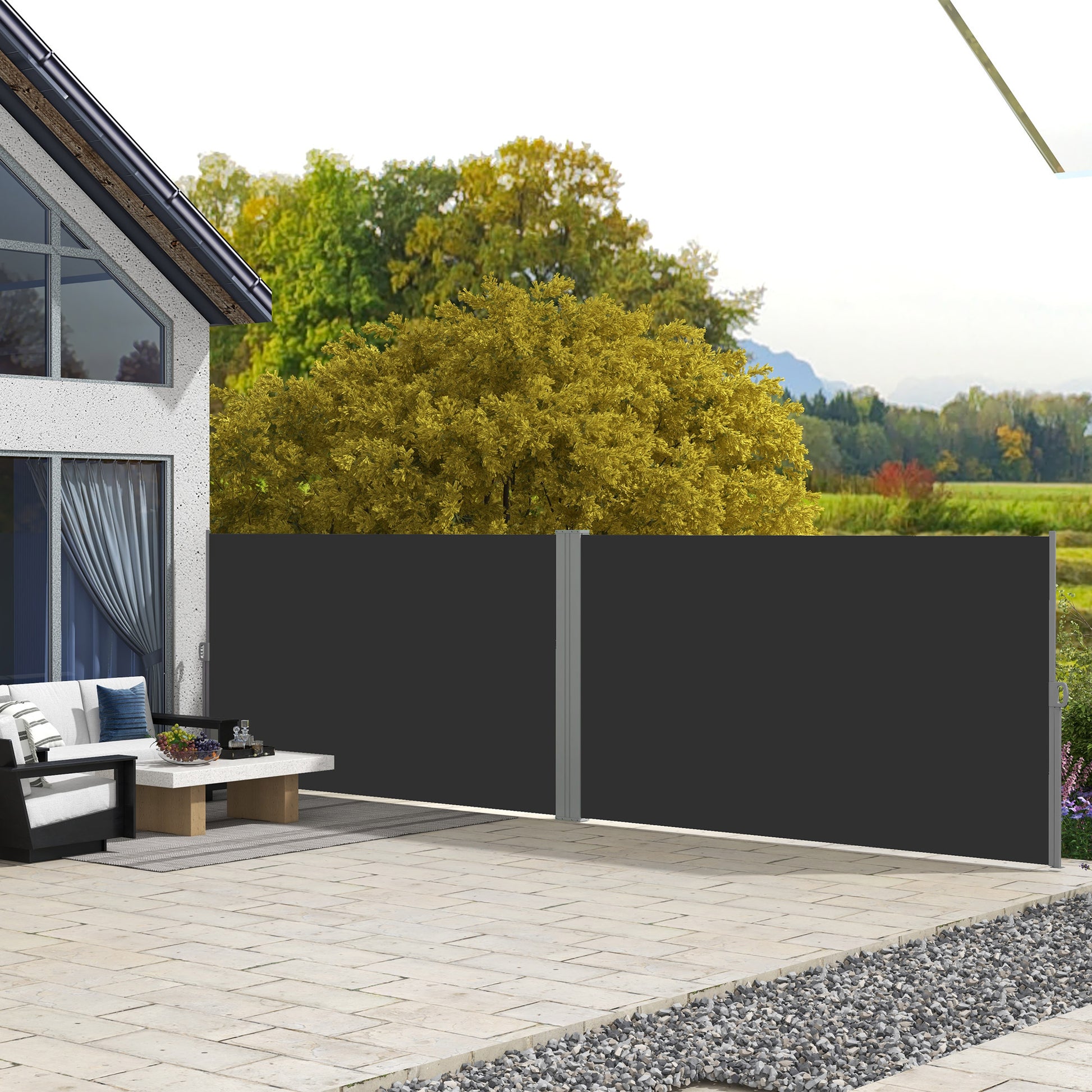 Double Side Awning Privacy Screen retractable parasol dim. 6L x 1.80H m High Density Anti-UV Polyester 180 g/m² Grey and black