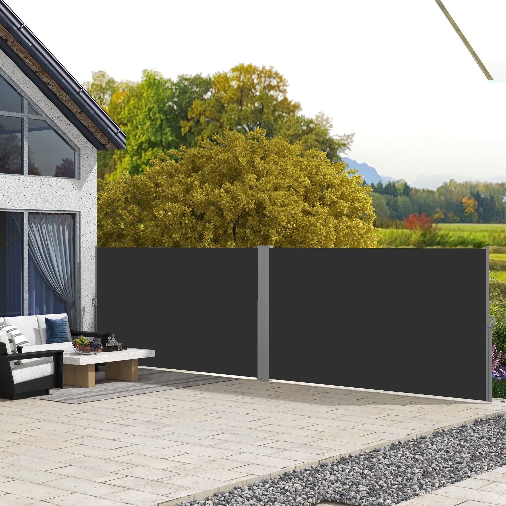 Double Side Awning Privacy Screen retractable parasol dim. 6L x 1.80H m High Density Anti-UV Polyester 180 g/m² Grey and black