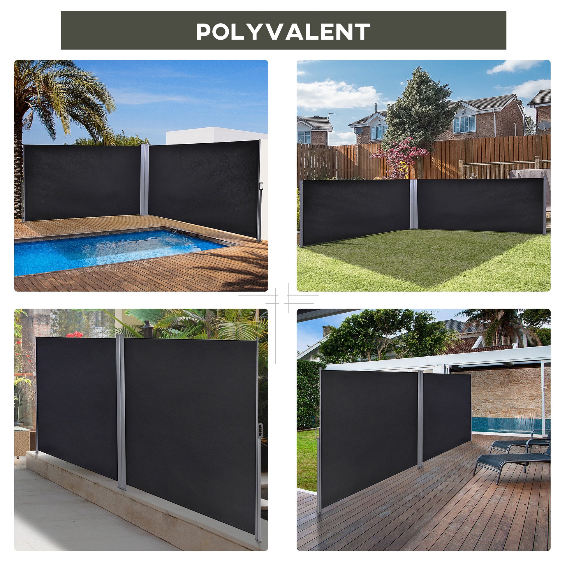 Double Side Awning Privacy Screen retractable parasol dim. 6L x 1.80H m High Density Anti-UV Polyester 180 g/m² Grey and black