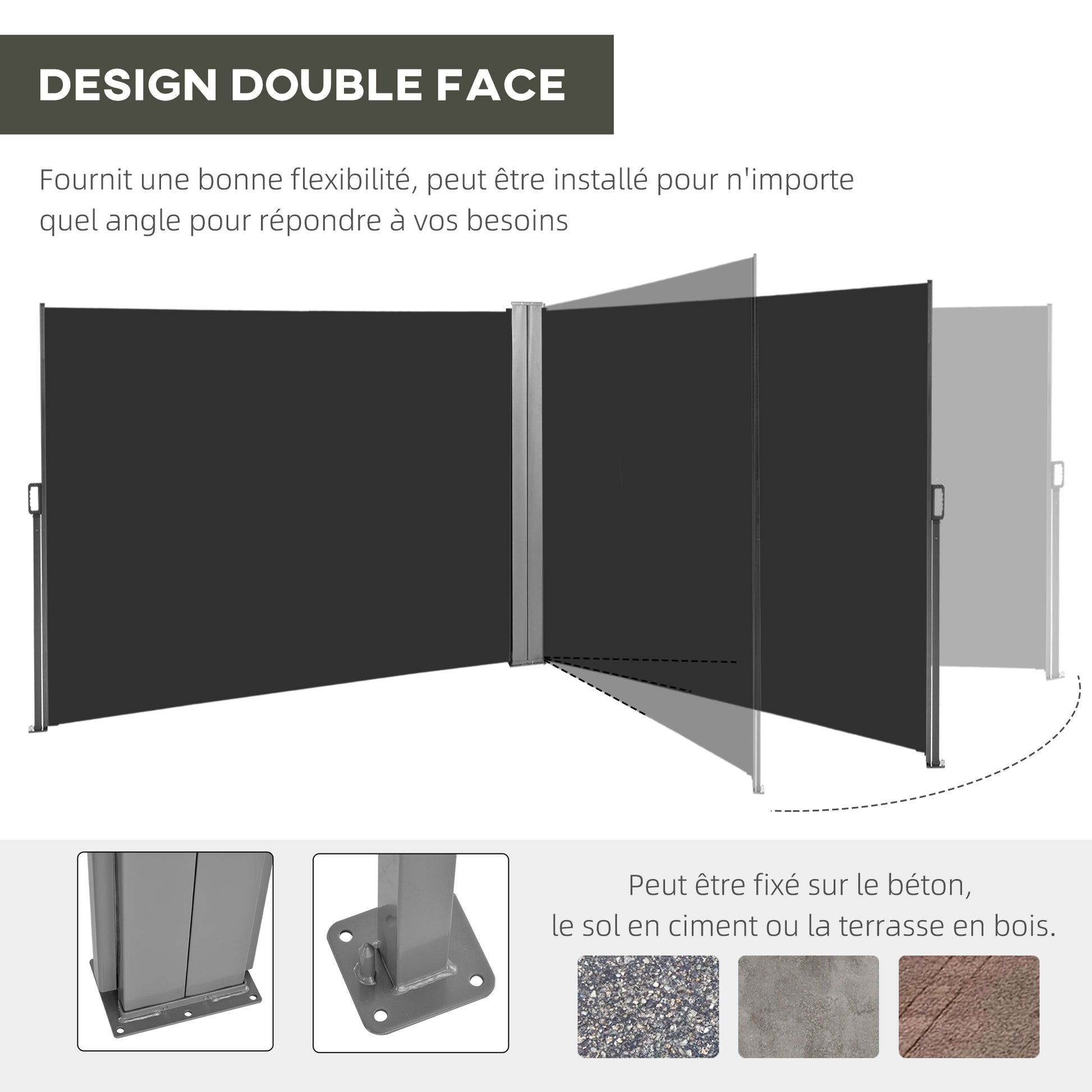 Double Side Awning Privacy Screen retractable parasol dim. 6L x 1.80H m High Density Anti-UV Polyester 180 g/m² Grey and black