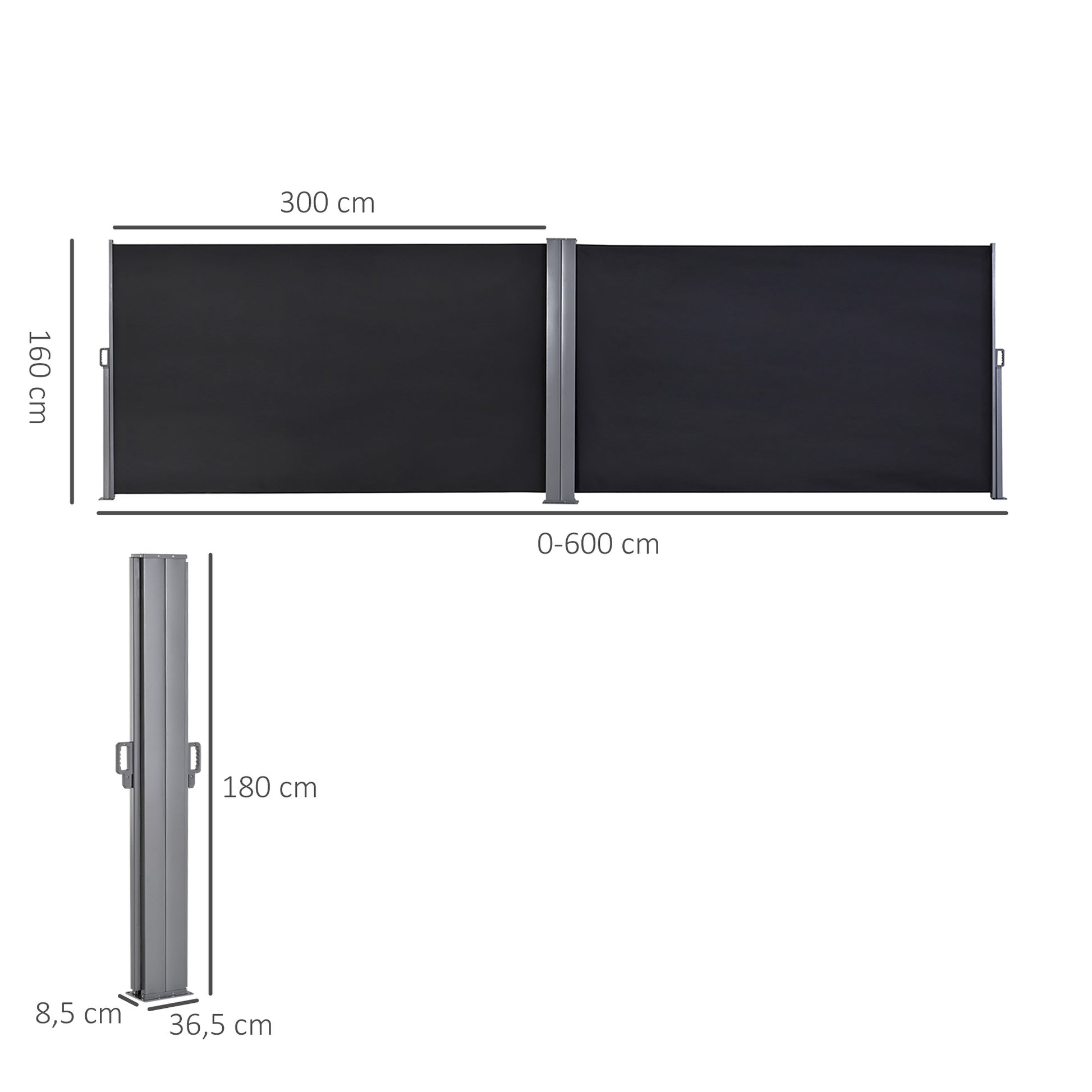 Double Side Awning Privacy Screen retractable parasol dim. 6L x 1.80H m High Density Anti-UV Polyester 180 g/m² Grey and black