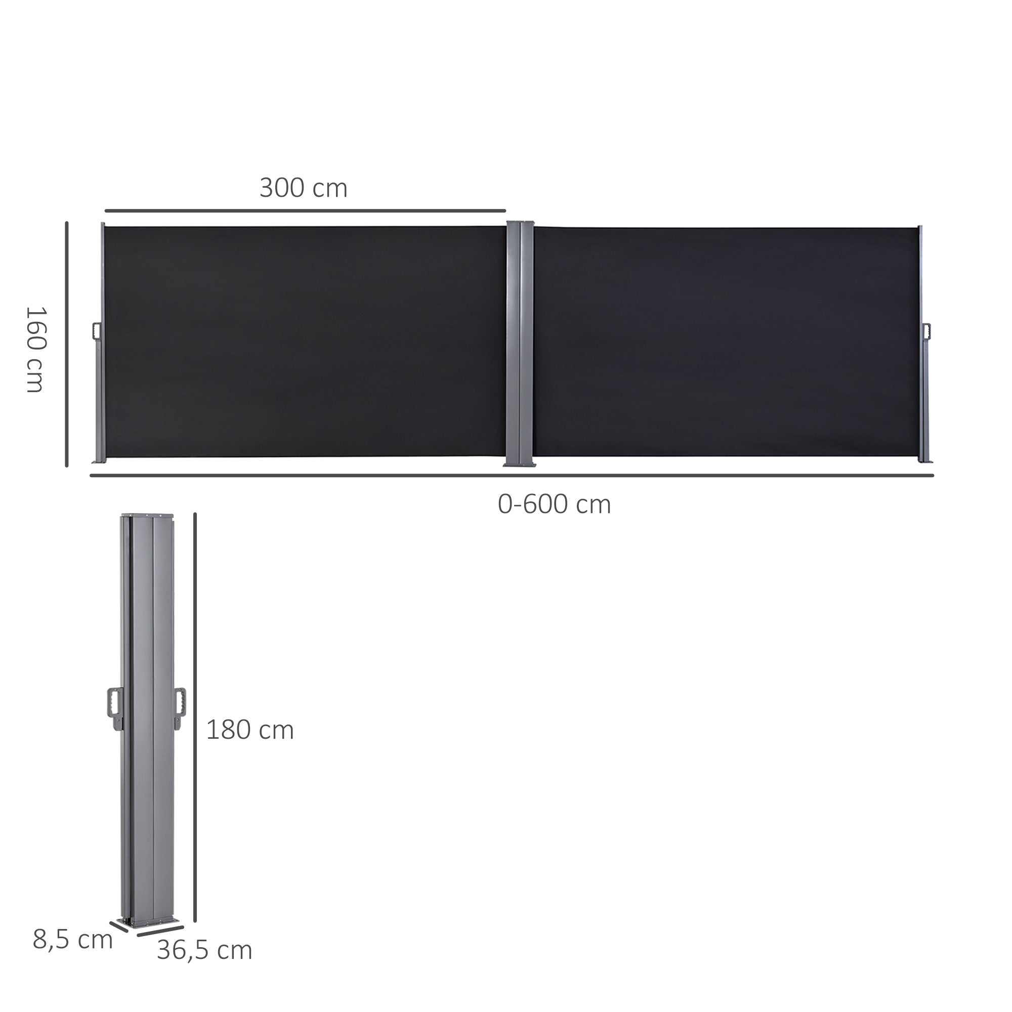 Double Side Awning Privacy Screen retractable parasol dim. 6L x 1.80H m High Density Anti-UV Polyester 180 g/m² Grey and black